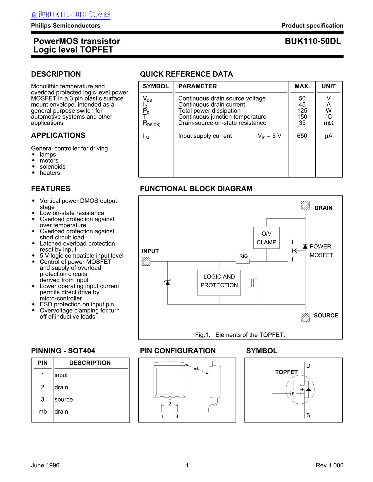 Philips Semiconductors PowerMOS transistor BUK110-50DL Data Sheet - Page 1