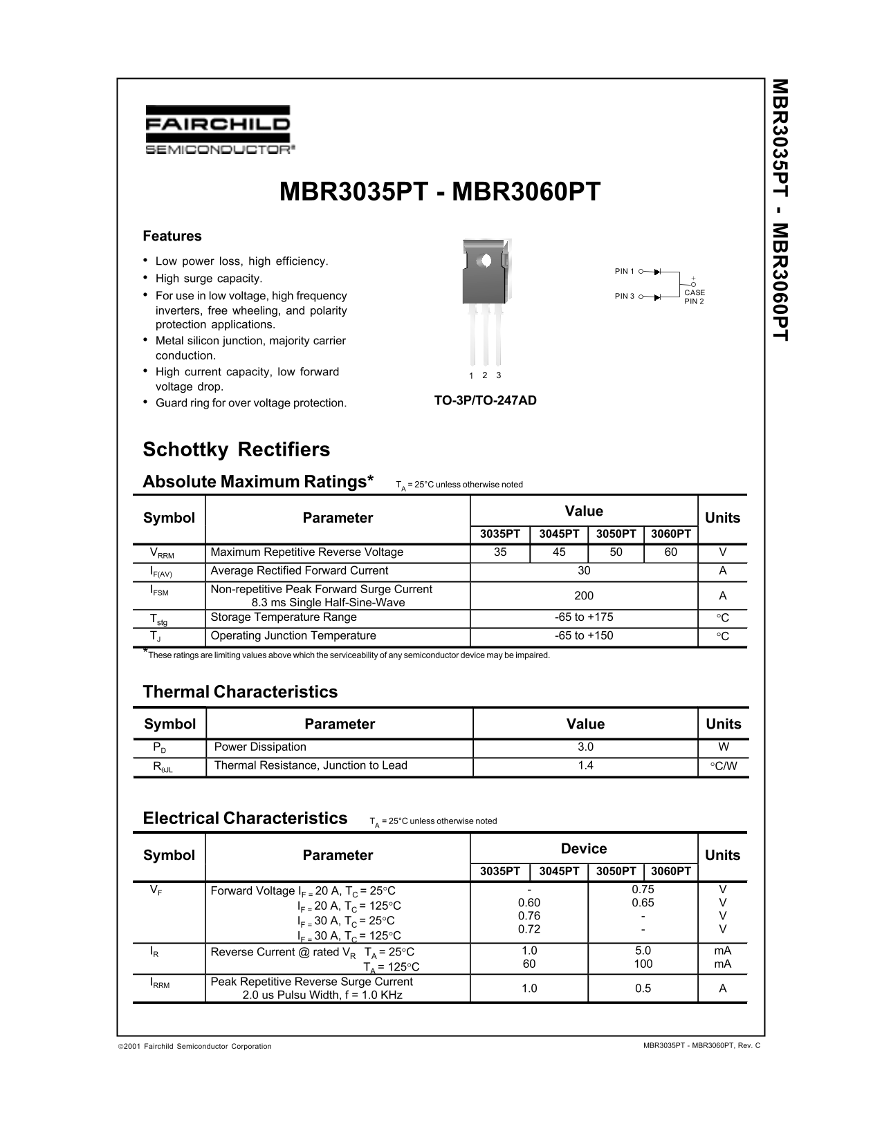 MBR3035PT MBR3045PT MBR3050PT MBR3060PT Fairchild Schottky Rectifiers Data Manual - Page 1