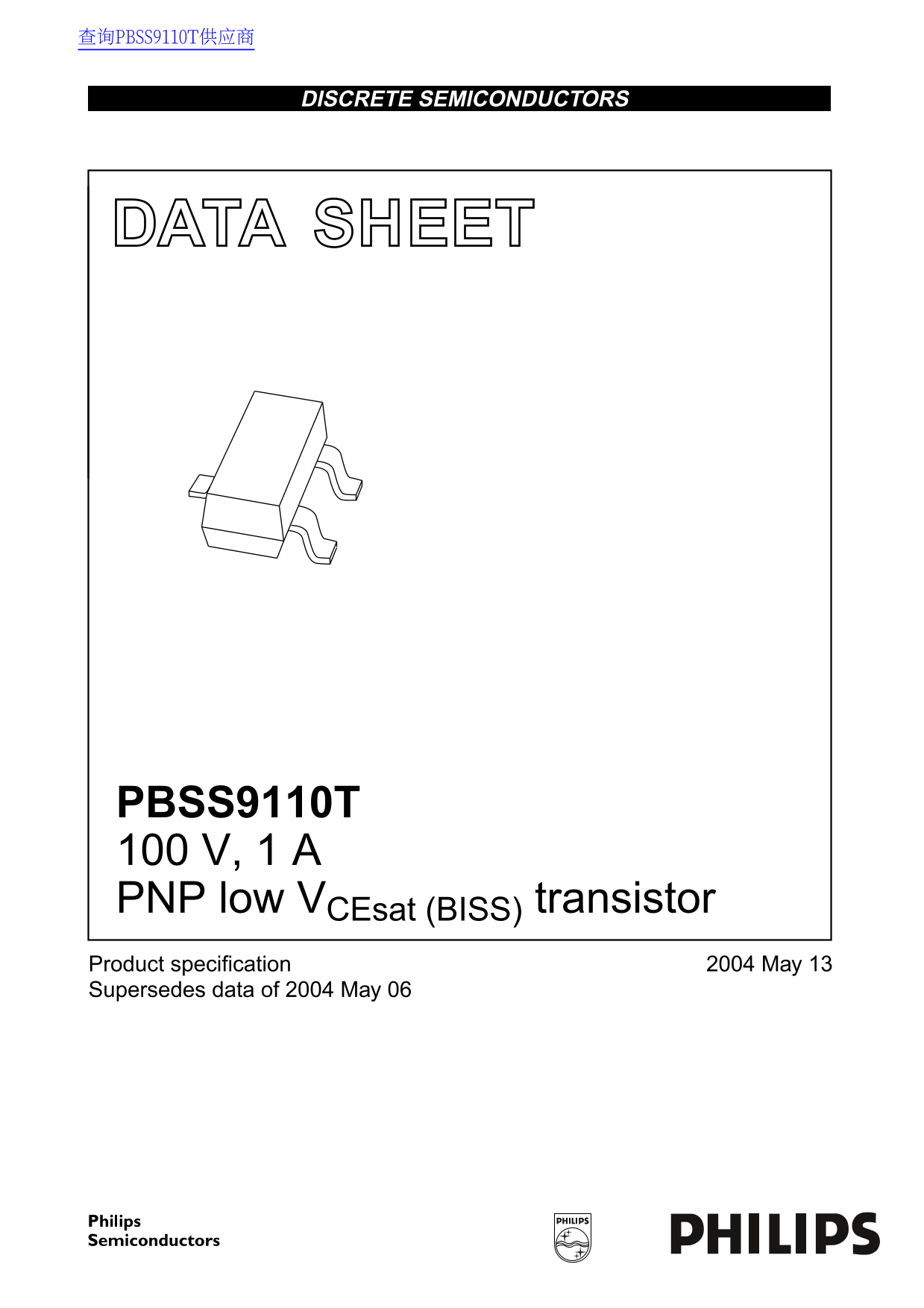 Philips PBSS9110T 100 V, 1 A PNP low VCEsat (BISS) Transistor Data Manual - Page 1