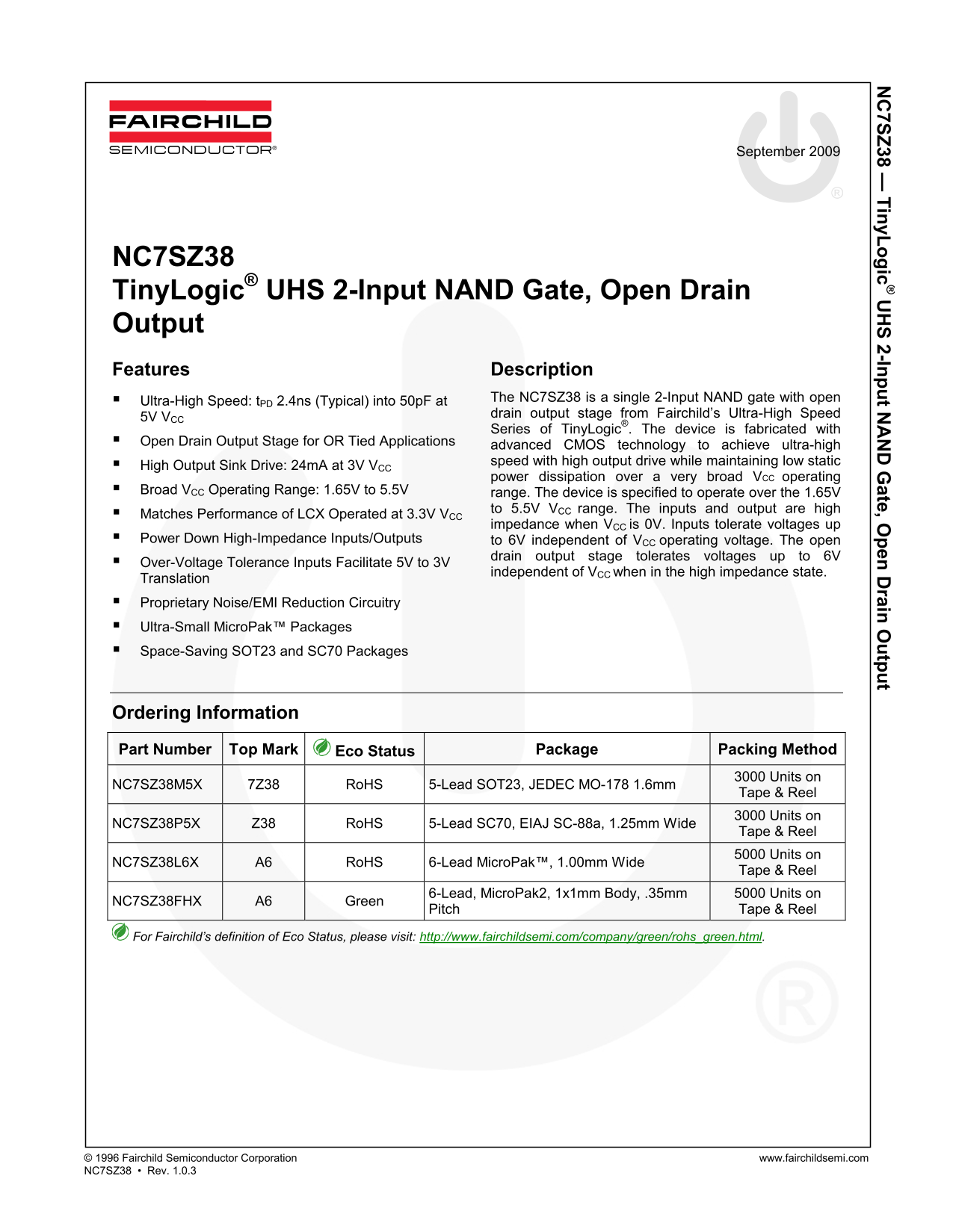 Fairchild NC7SZ38 Data Handbook - Page 1