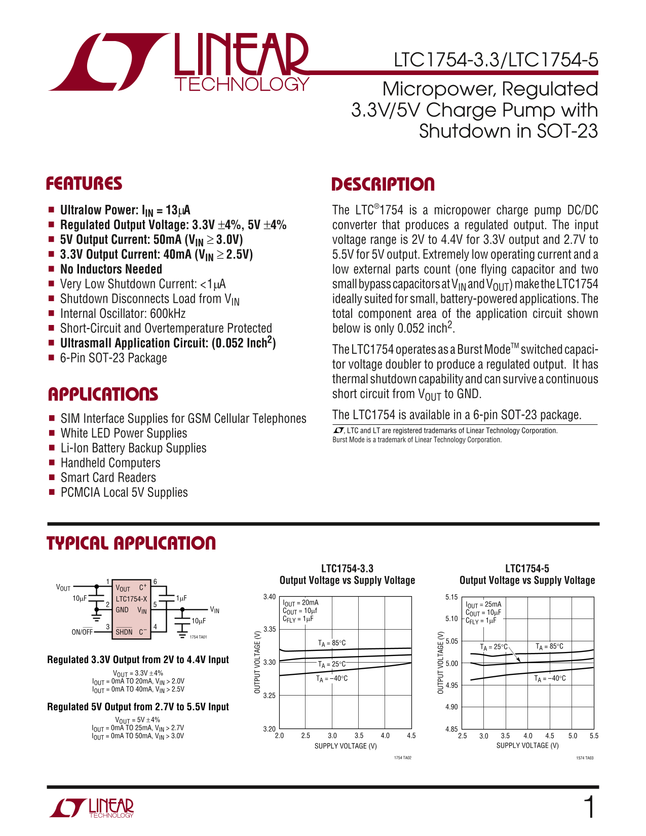 LINEAR TECHNOLOGY - 1 LTC1754-3.3 LTC1754-5 Micropower, Regulated 3.3V 5V Charge Pump with Shutdown in SOT-23 User Manual and Data Sheet - Page 1