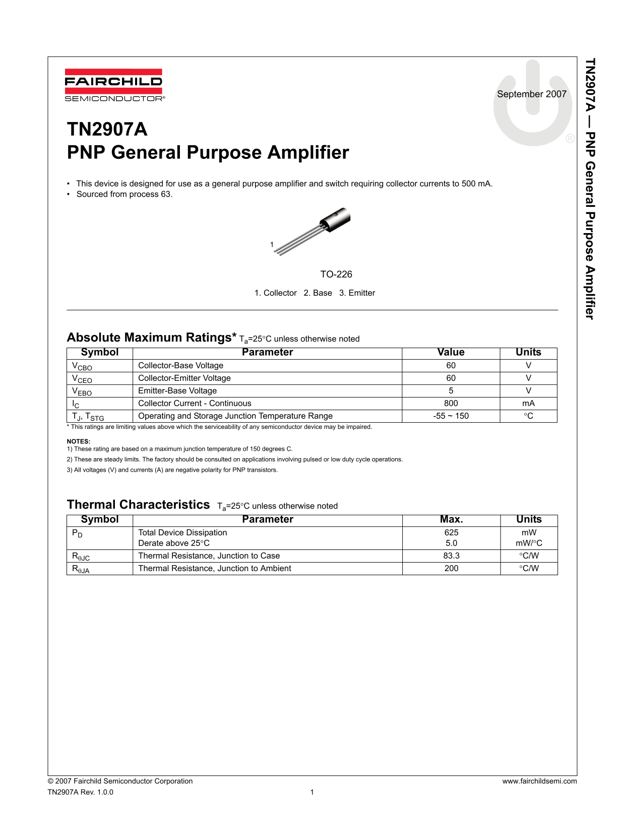 Fairchild TN2907A PNP General Purpose Amplifier Data Sheet - Page 1