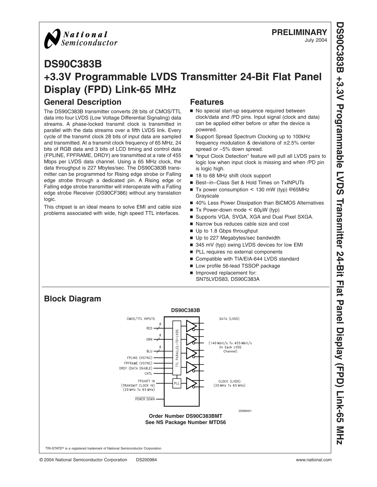 National Semiconductor DS90C383B User's Manual and Specifications - Page 1