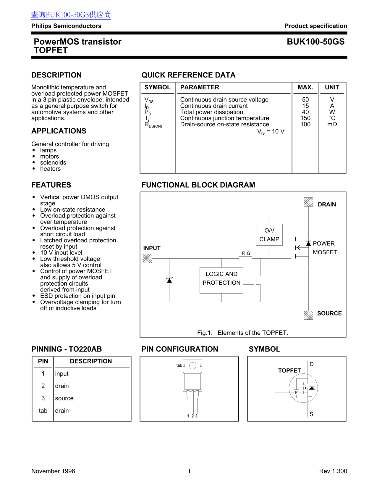 PHILIPS BUK100-50GS Data Sheet User Manual - Page 1