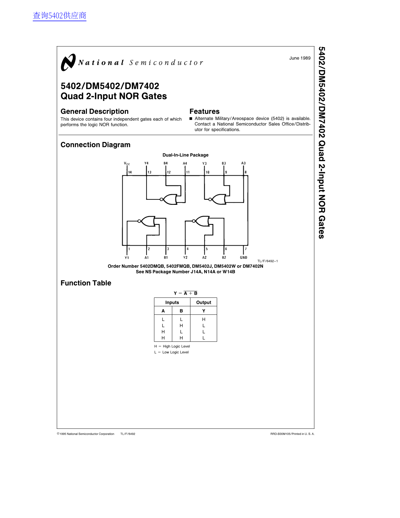 National Semiconductor 5402 DM5402 DM7402 Quad 2-Input NOR Gates - Page 1