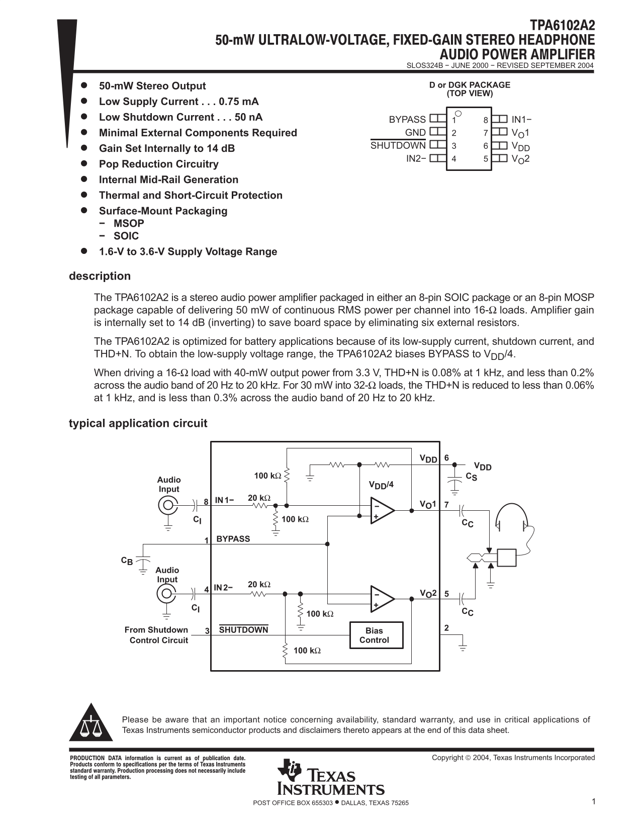 Texas Instruments TPA6102A2 Data Sheet/Manual - Page 1