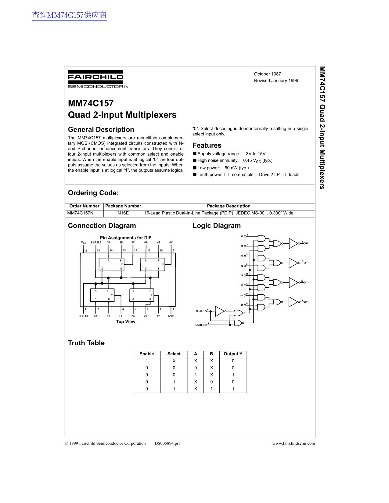 Fairchild MM74C157 Quad 2-Input Multiplexers Data Sheet - Page 1