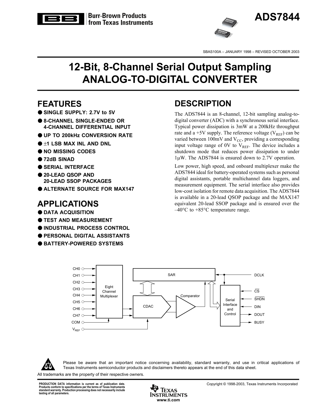 Texas Instruments - ADS7844 Data Sheet Handbook User Guide - Page 1