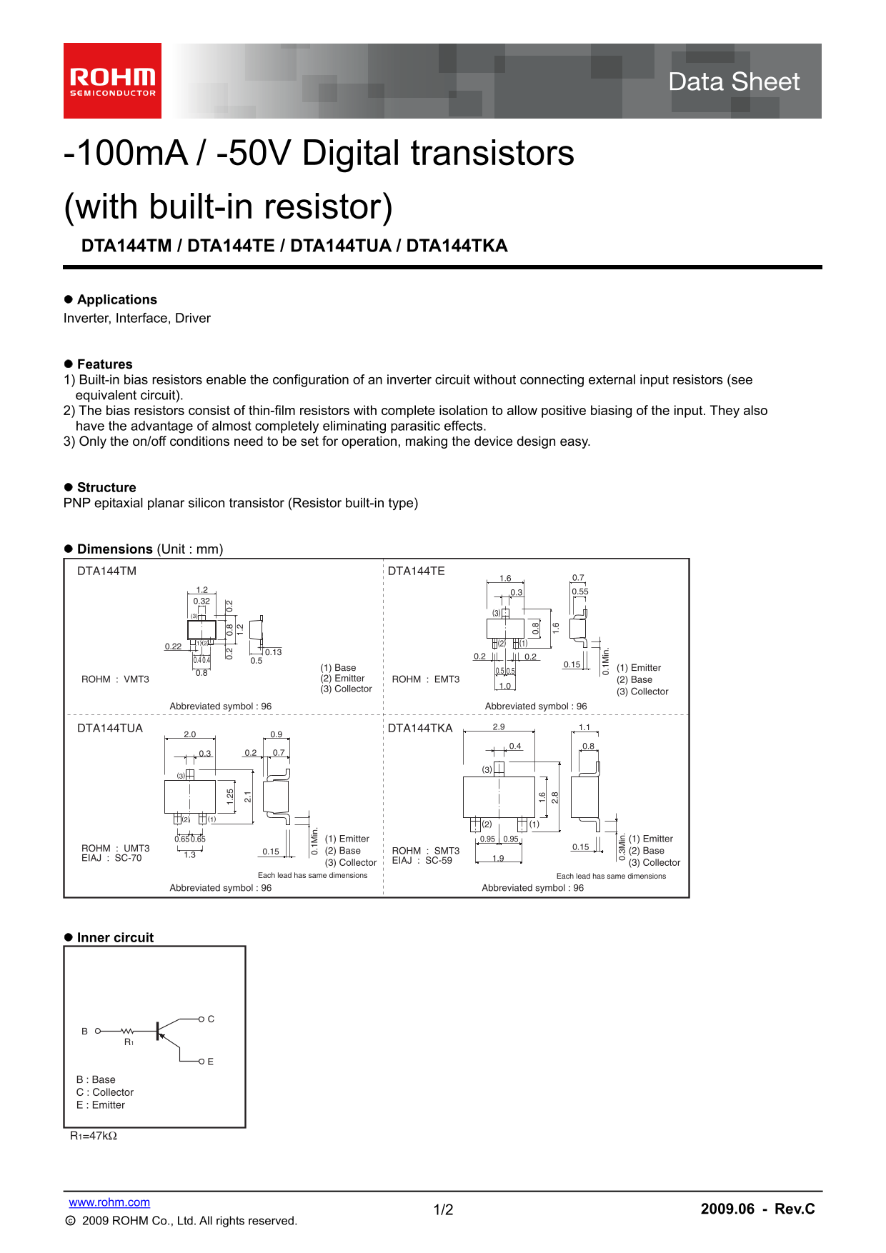 ROHM DTA144TM, DTA144TE, DTA144TUA, DTA144TKA Specifications and User Manual - Page 1