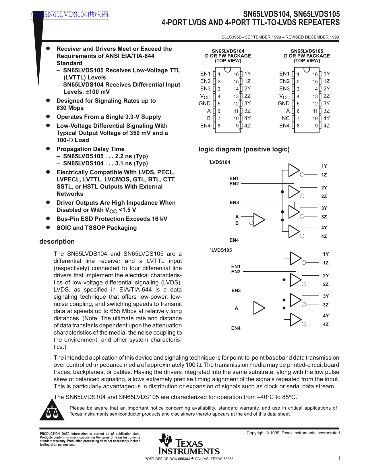 TEXAS INSTRUMENTS SN65LVDS104, SN65LVDS105 4-PORT LVDS AND 4-PORT TTL-TO-LVDS REPEATERS Specifications - Page 1