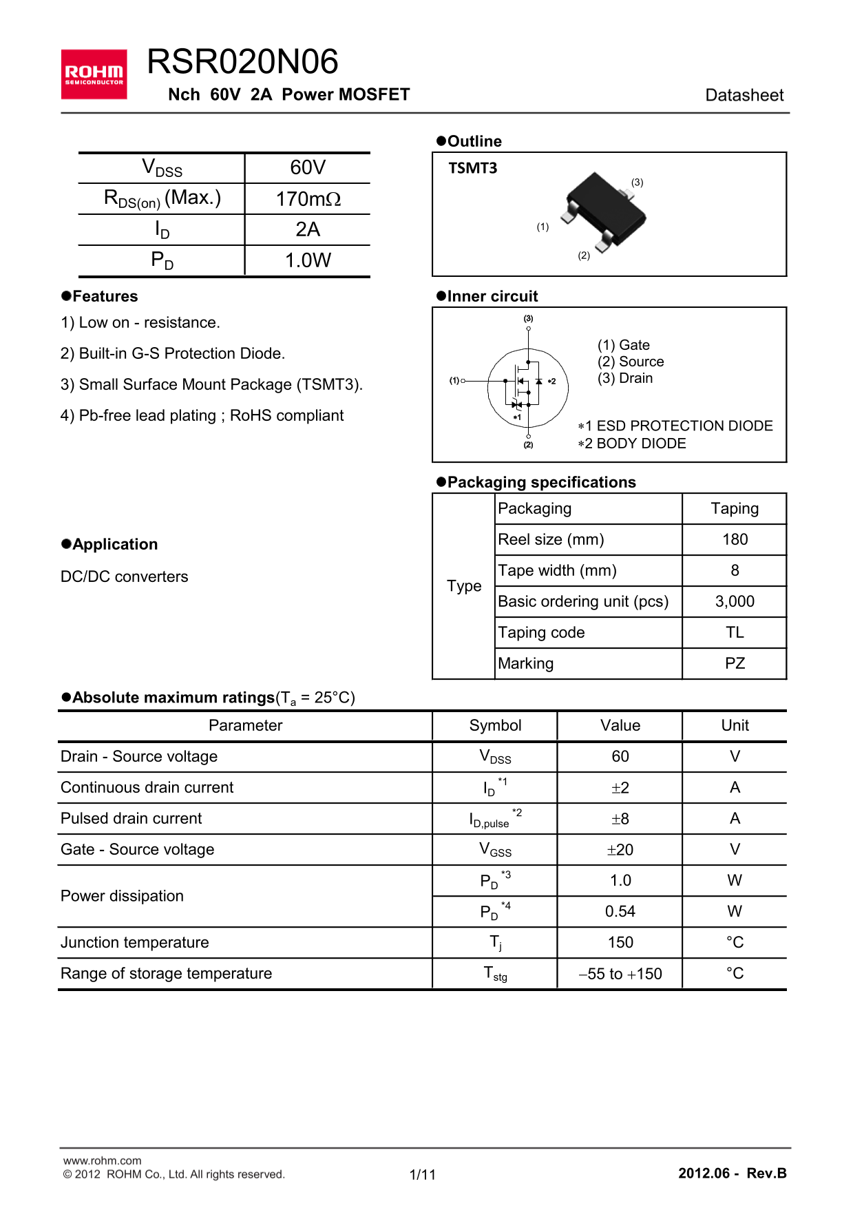 ROHM RSR020N06 User Guide and Specifications - Page 1