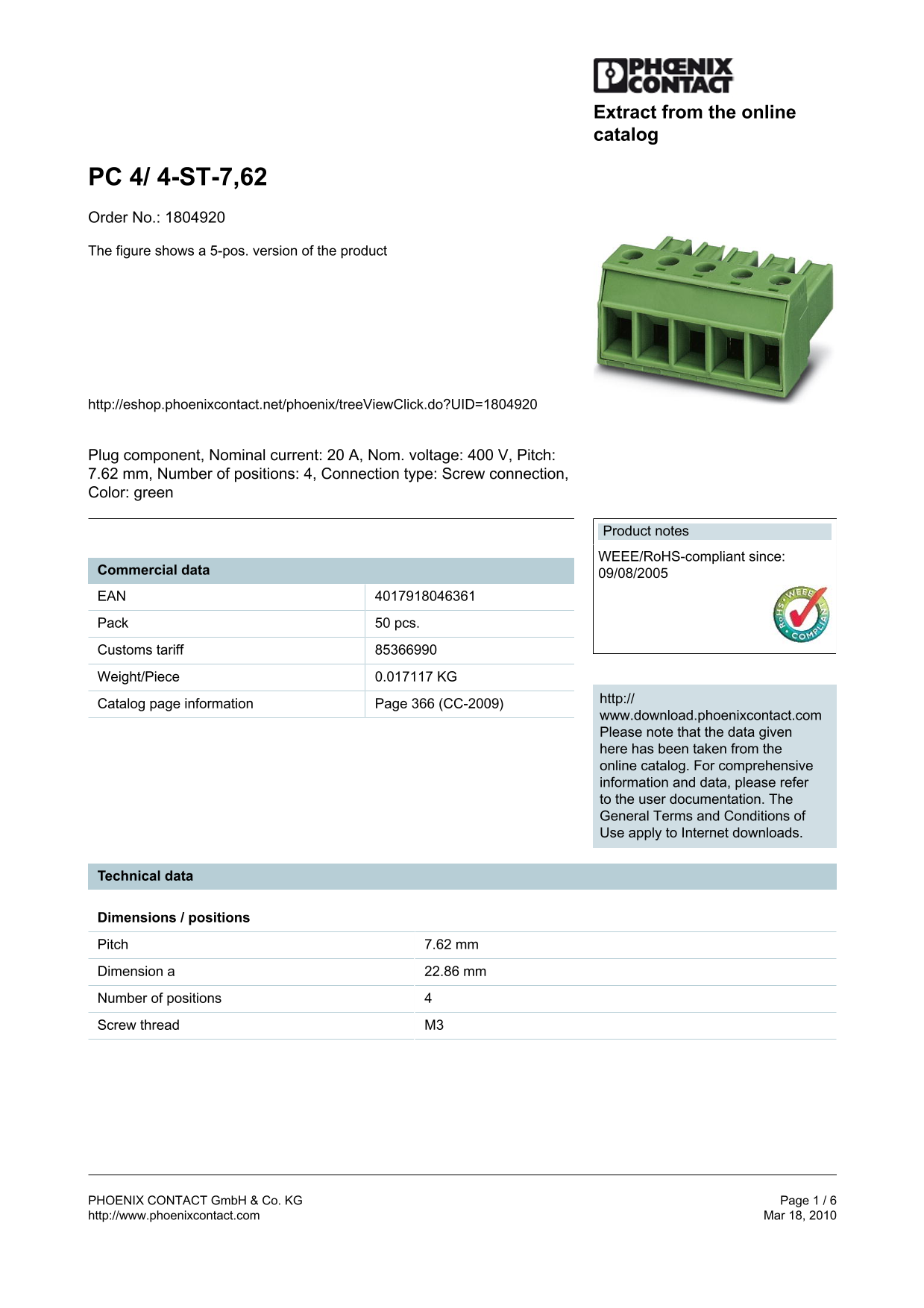 Phoenix Contact - PC 4 4-ST-7,62 Data Handbook/Instructions - Page 1