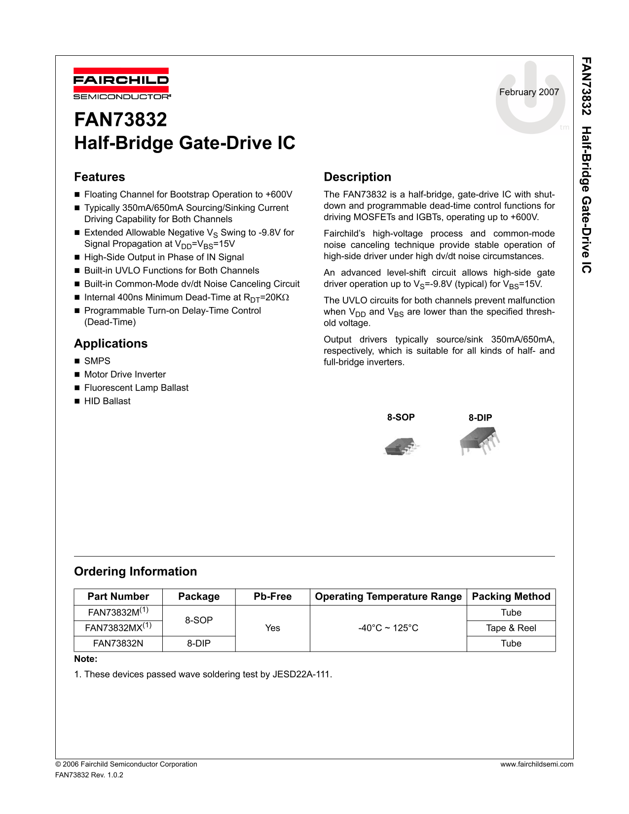 Fairchild Fan73832 Half-Bridge Gate-Drive IC Data Handbook - Page 1