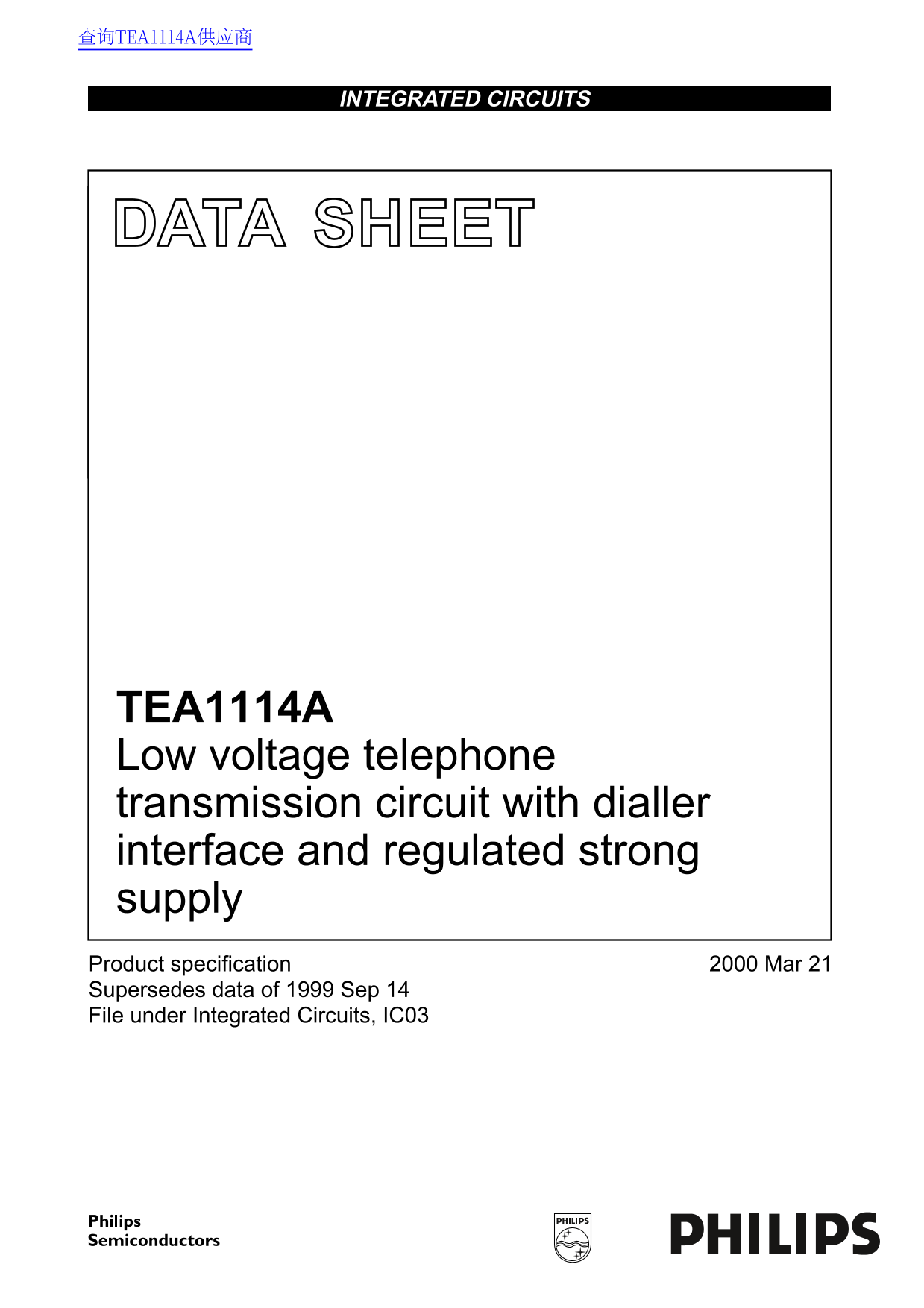 Philips TEA1114A Low Voltage Telephone Transmission Circuit with Dialler Interface and Regulated Strong Supply - Page 1