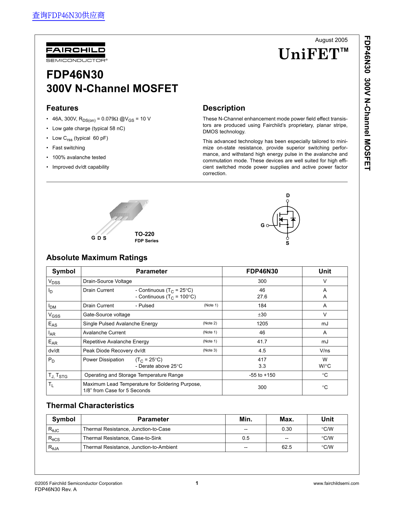 Fairchild FDP46N30 Data Handbook - Page 1