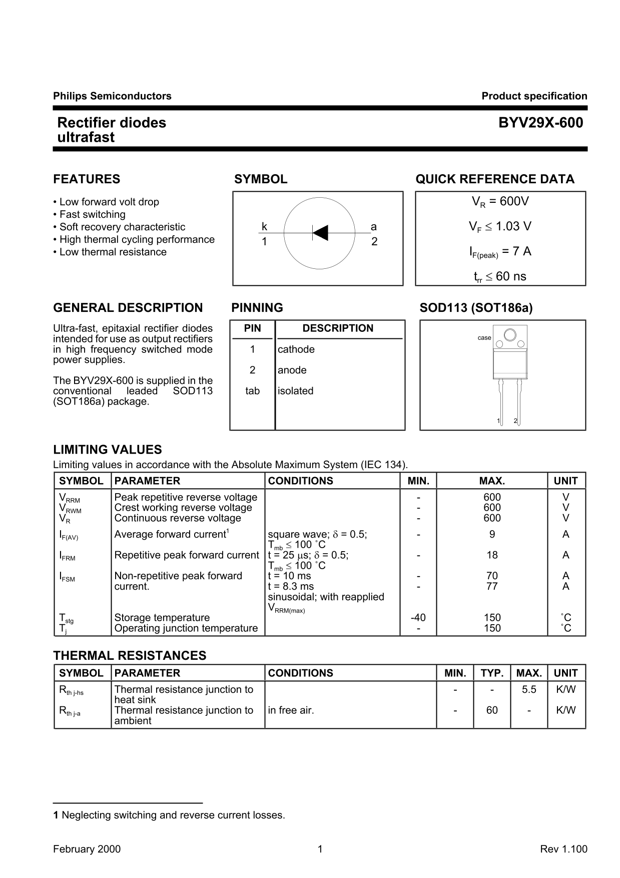 Philips Semiconductors BYV29X-600 Data Sheet - Page 1