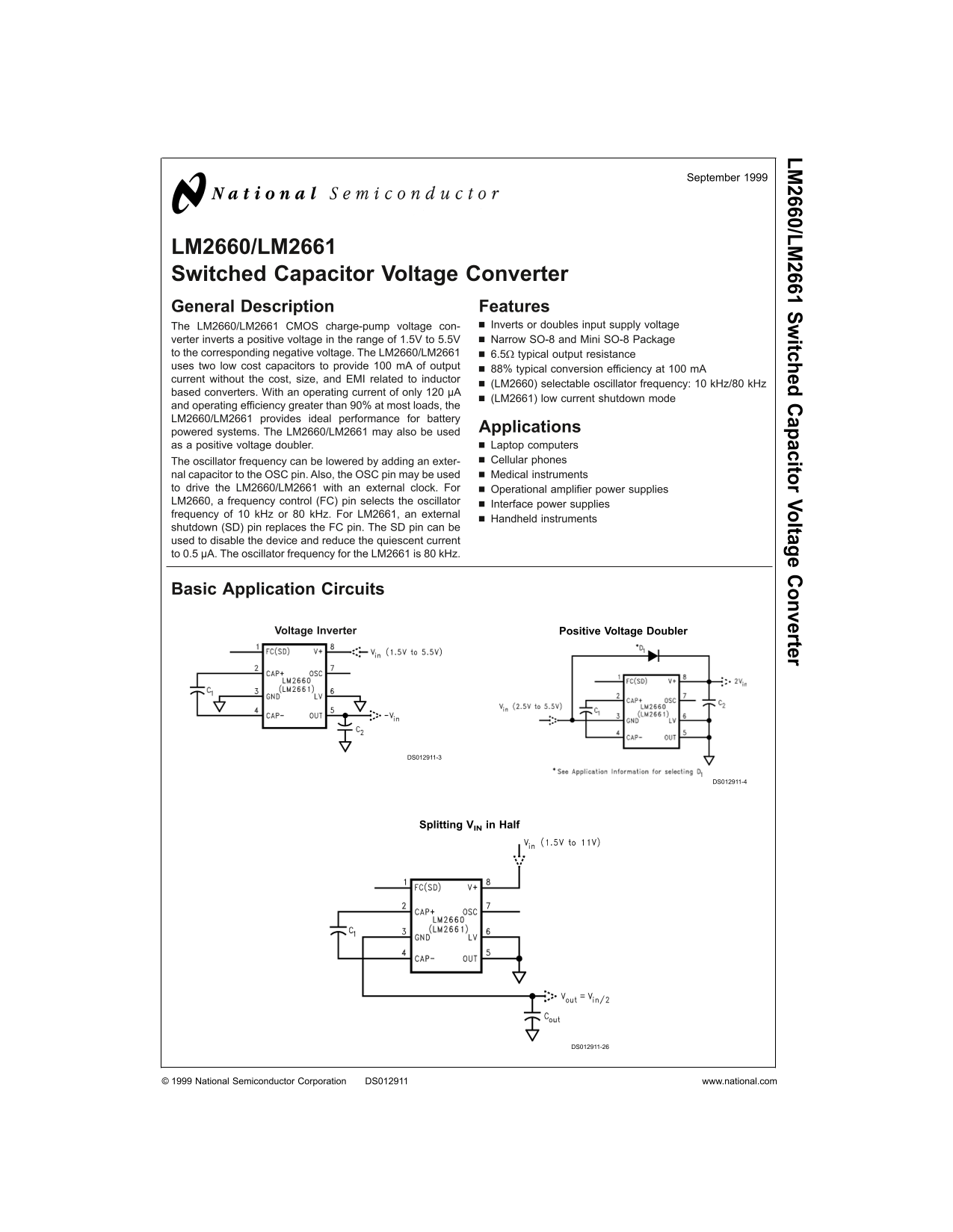 National Semiconductor LM2660 LM2661 Switching Capacitor Voltage Converter User Guide and Specifications - Page 1