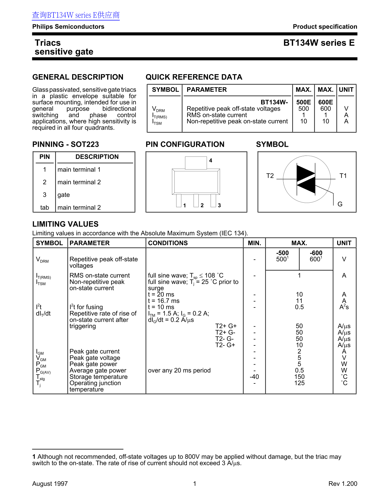 PHILIPS BT134W series E Data Sheet User Manual - Page 1