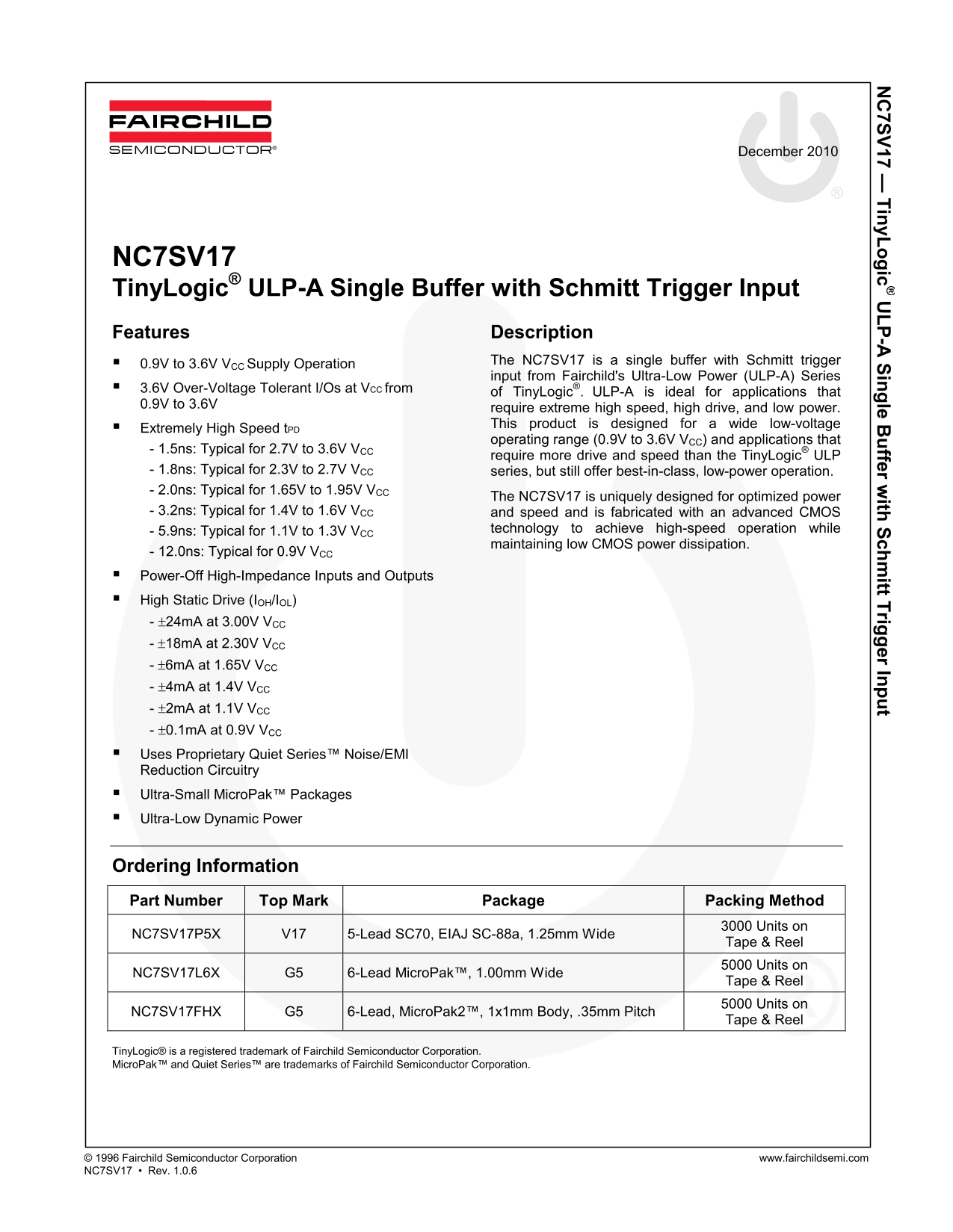 Fairchild NC7SV17 TinyLogic ULP- A Single Buffer with Schmitt Trigger Input Data Manual - Page 1