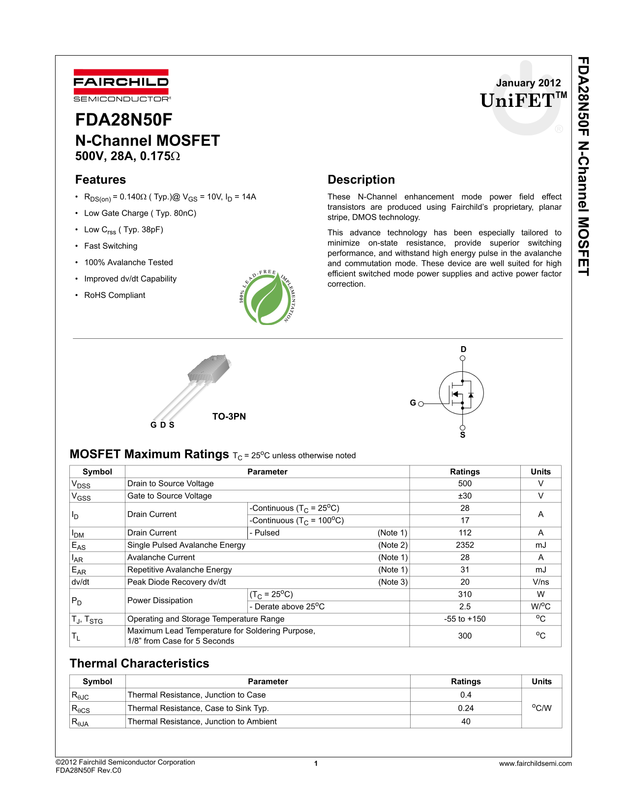 FAIRCHILD FDA28N50F Product Specifications - Page 1