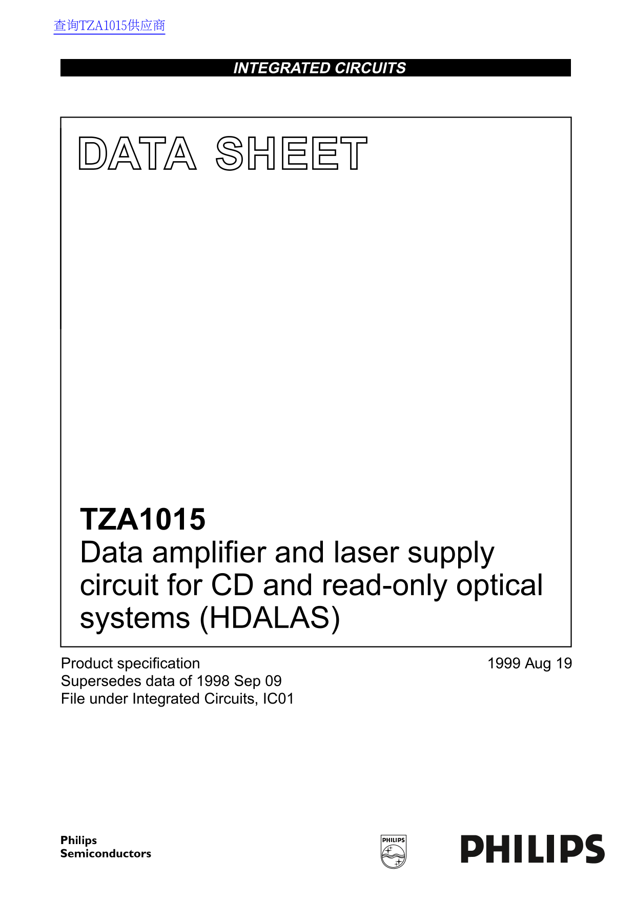 PHILIPS TZA1015 Data Amplifier and Laser Supply Circuit for CD and Read-Only Optical Systems (HDALAS) User Manual and Technical Data Sheet - Page 1