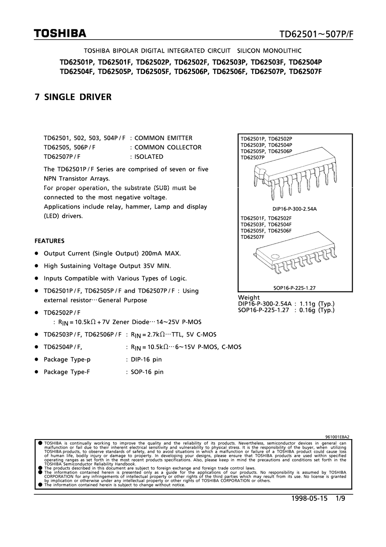 Toshiba TD62501P Data Sheet - Page 1