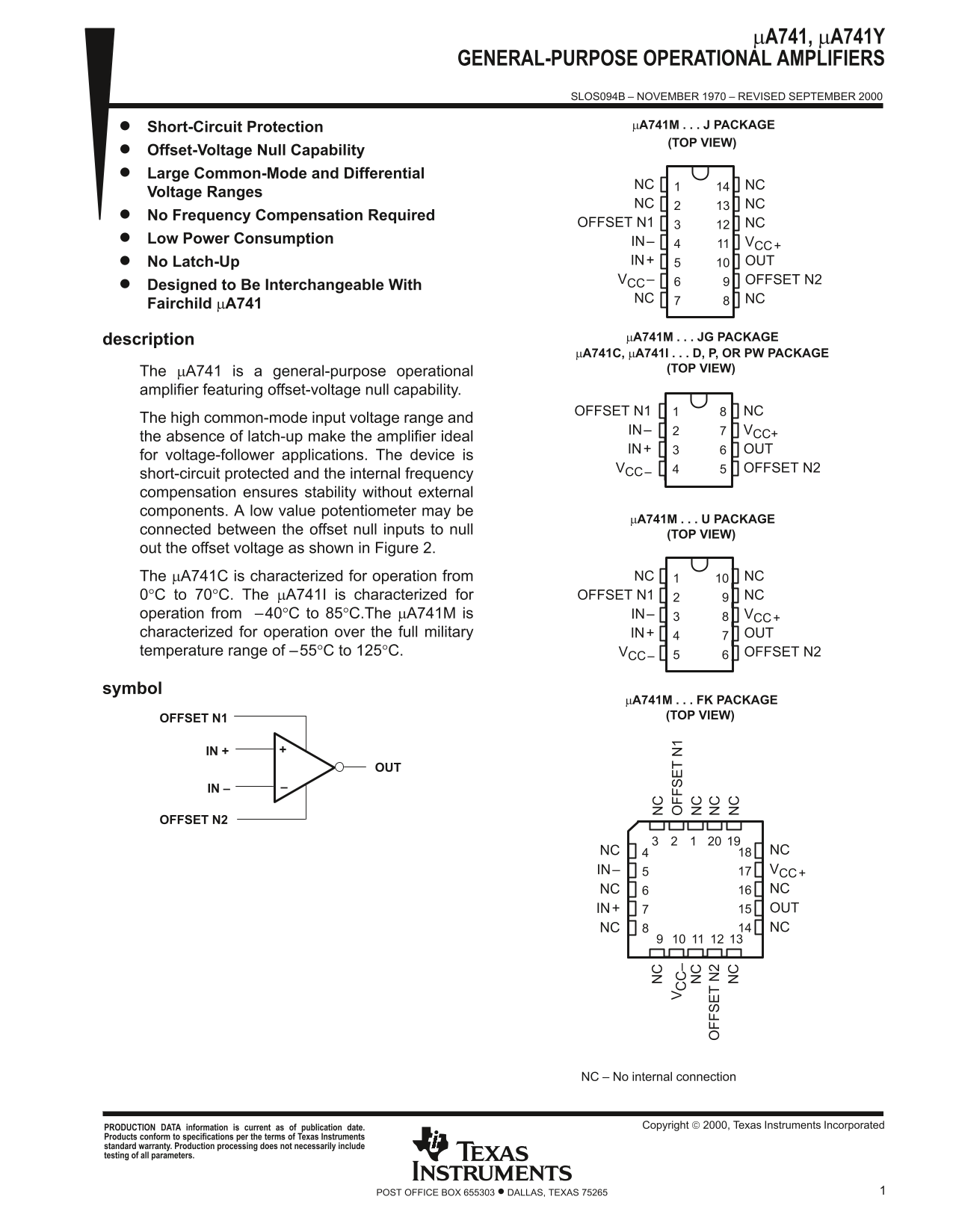 Texas Instruments μA741, μA741Y General-Purpose Operational Amplifiers Owner's Manual - User Guide - Page 1