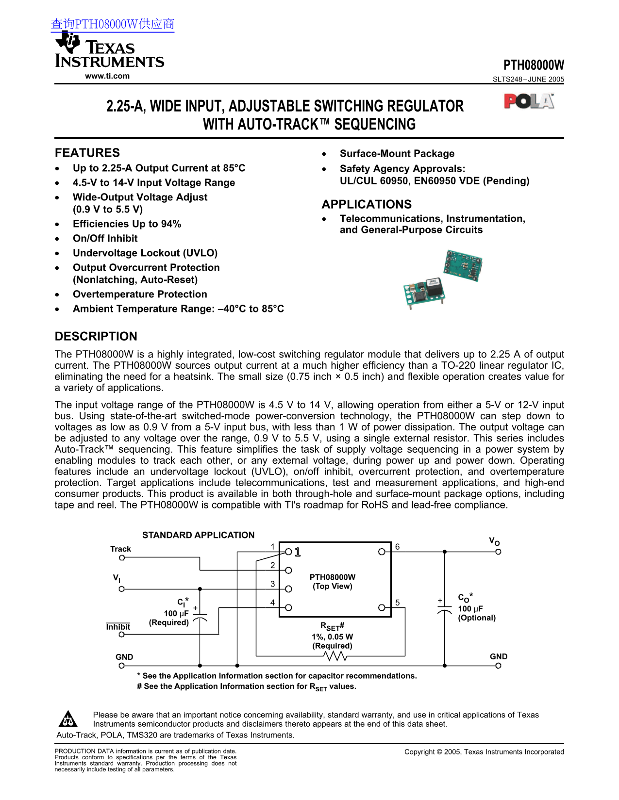 Texas Instruments PTH08000W Data Sheet Handbook - Page 1