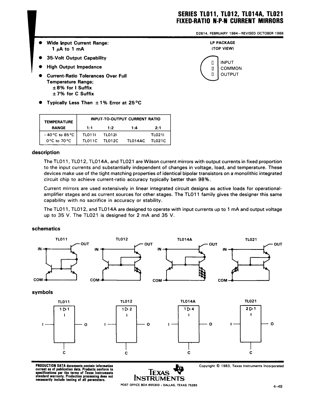 Texas Instruments TL011 Data Sheet - Page 1