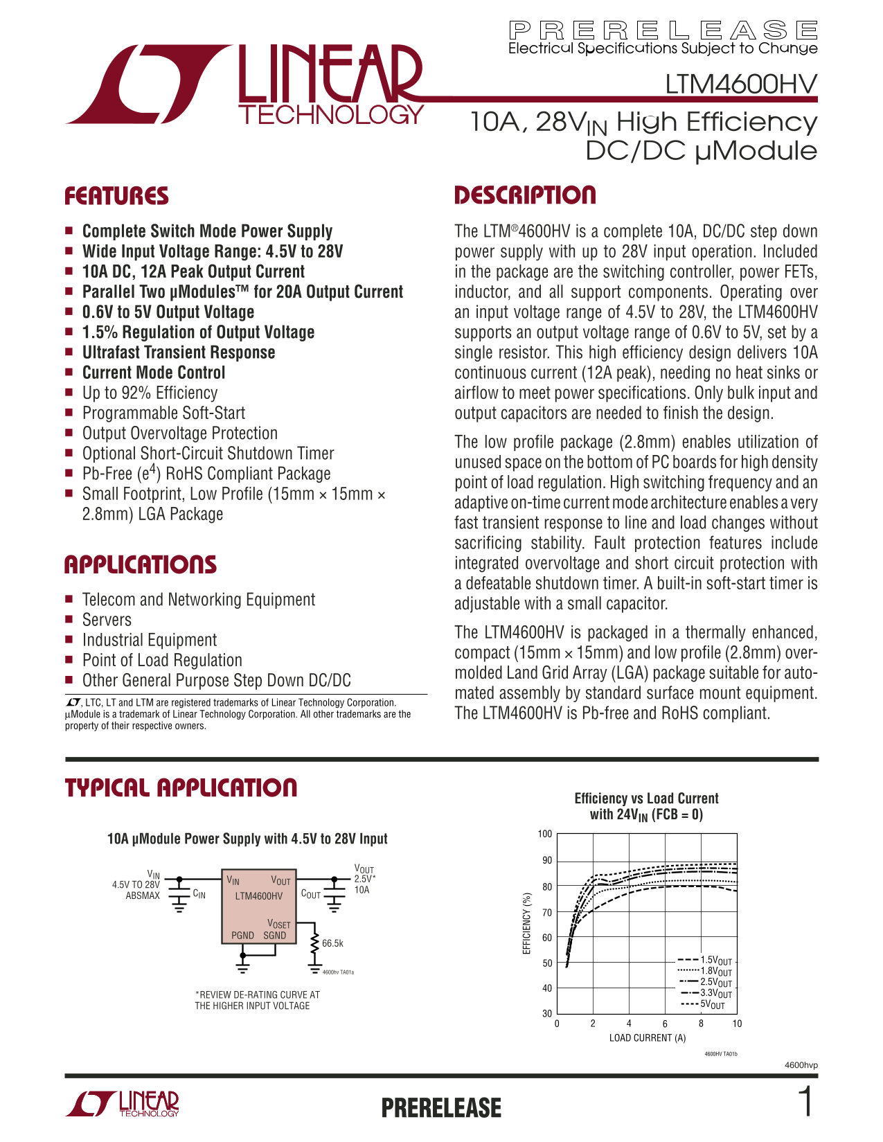 LINEAR TECHNOLOGY - LTM4600HV Data Manual - Page 1