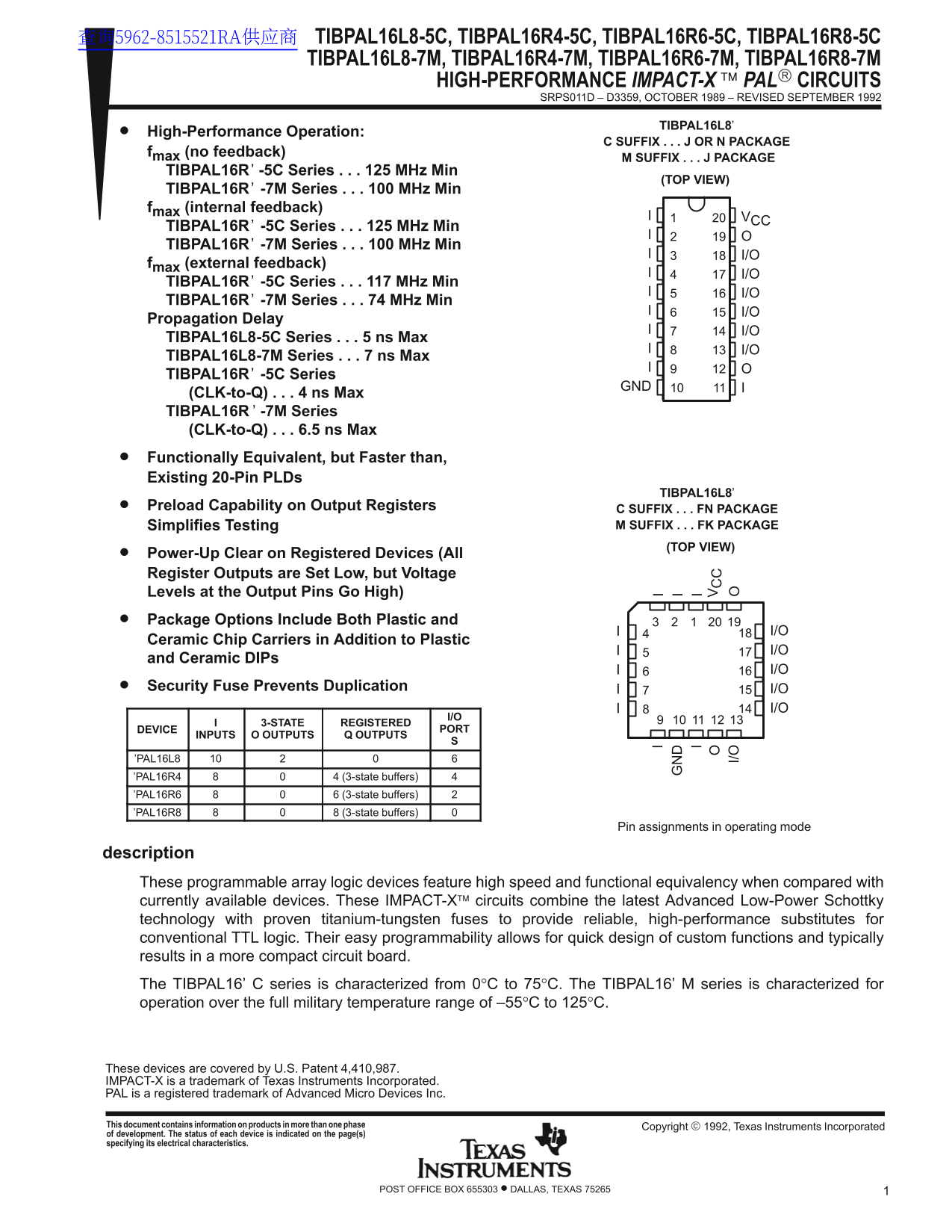Texas Instruments TEXAS INSTRUMENTS TIBPAL16L8-5C, TIBPAL16R4-5C, TIBPAL16R6-5C, TIBPAL16R8-5C HIGH-PERFORMANCE IMPACT-X PAL CIRCUITS Data Sheet - Page 1