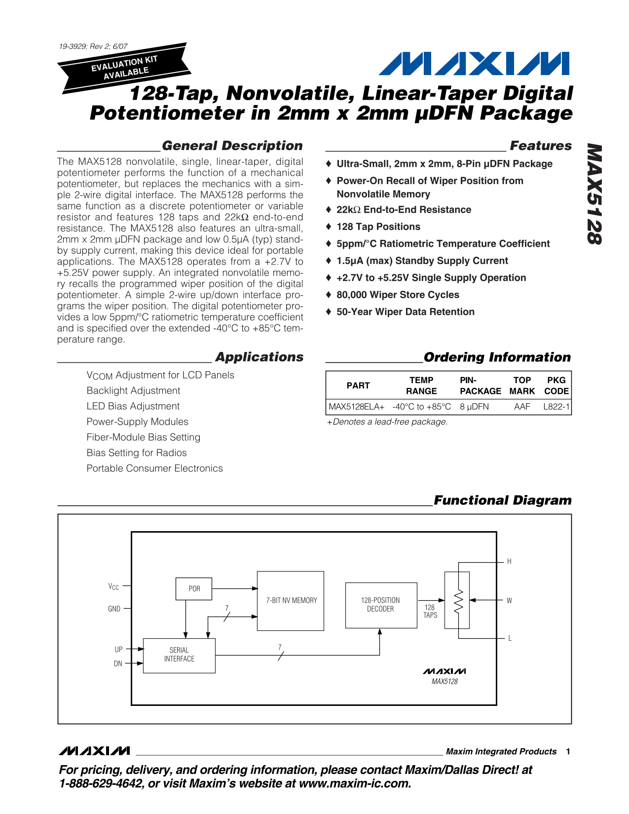 MAXIM MAX5128 128-Tap Nonvolatile Linear-Taper Digital Potentiometer in 2mm x 2mm μDFN Package - Page 1