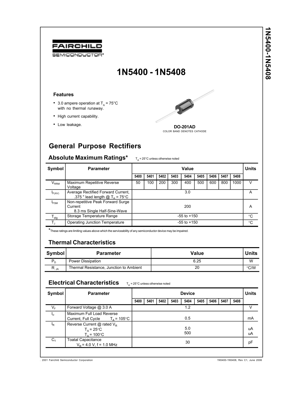 Texas Instruments 1N5400 - 1N5408 Data Sheet - Page 1
