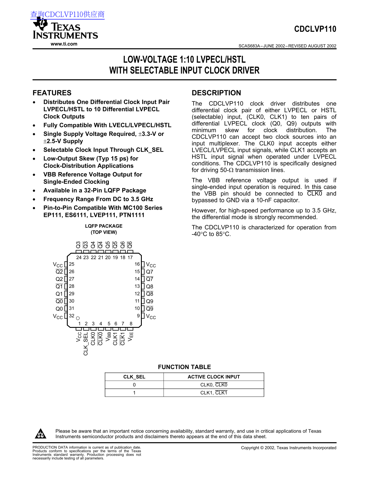 Texas Instruments CDCLVP110 Low-Voltage 1 to 10LVPECL HSTL with Selectable Input Clock Driver - Page 1