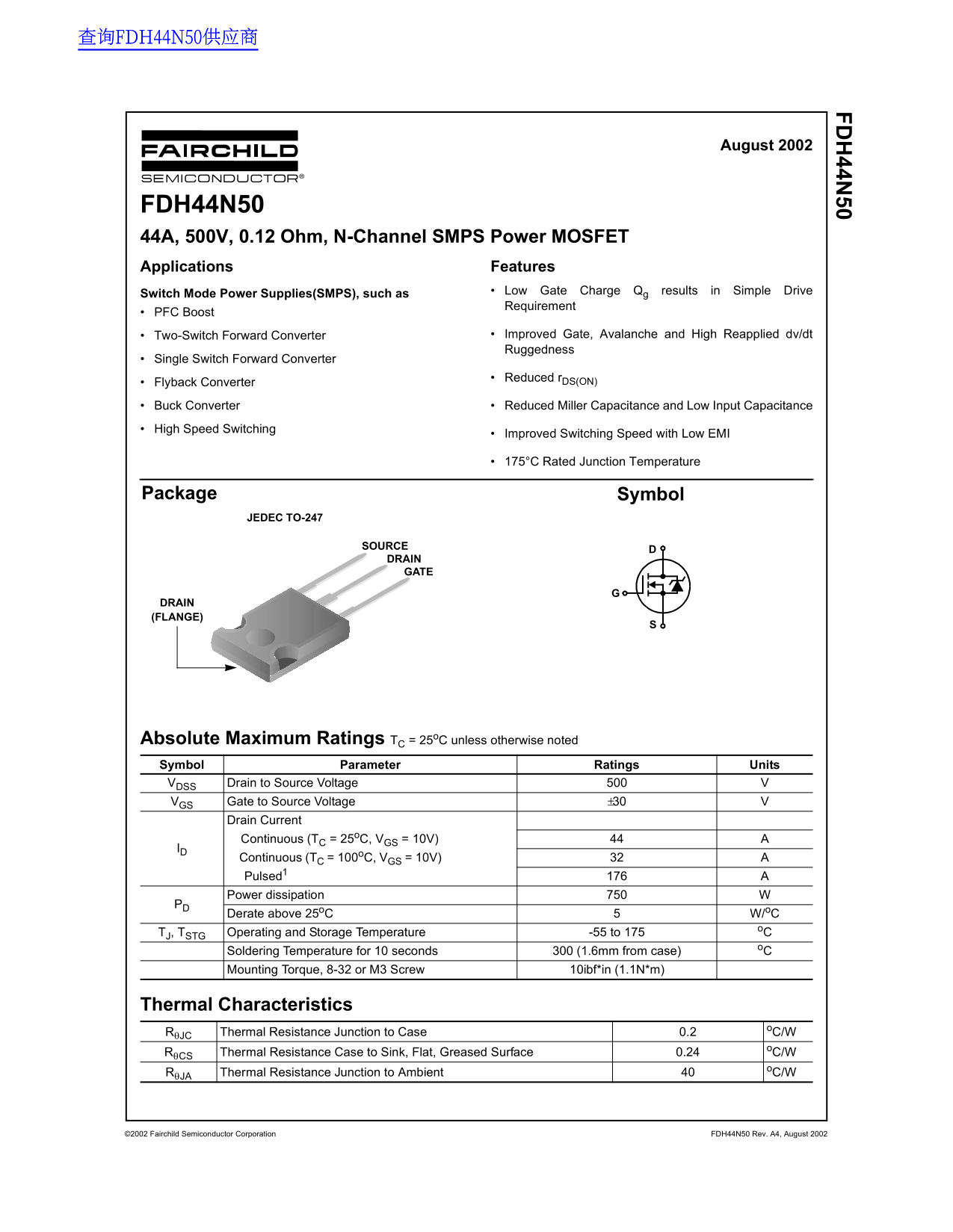 Fairchild FDH44N50 Data Handbook - Page 1