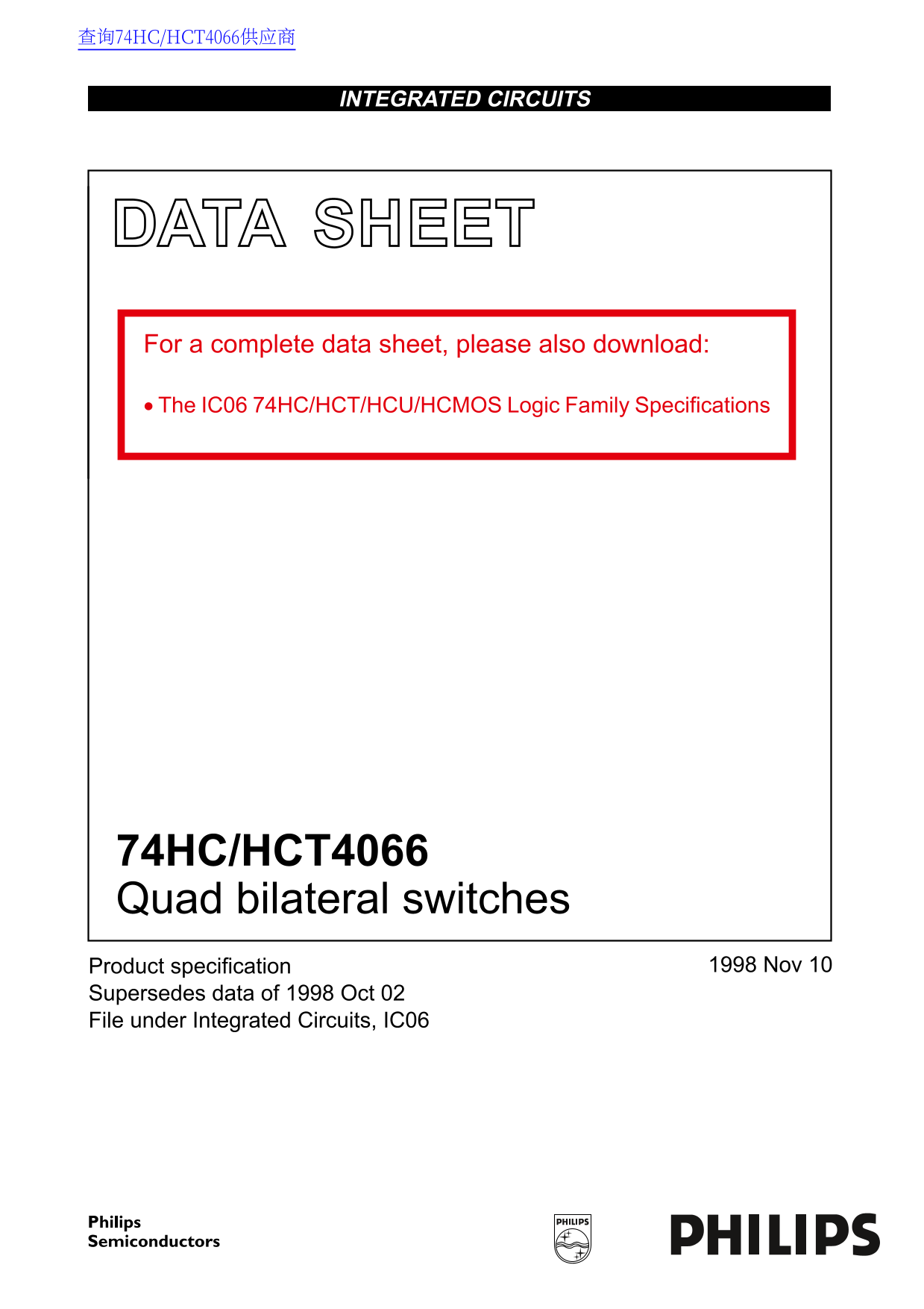 PHILIPS 74HC HCT4066 Quad Bilateral Switches Data Sheet User Manual - Page 1
