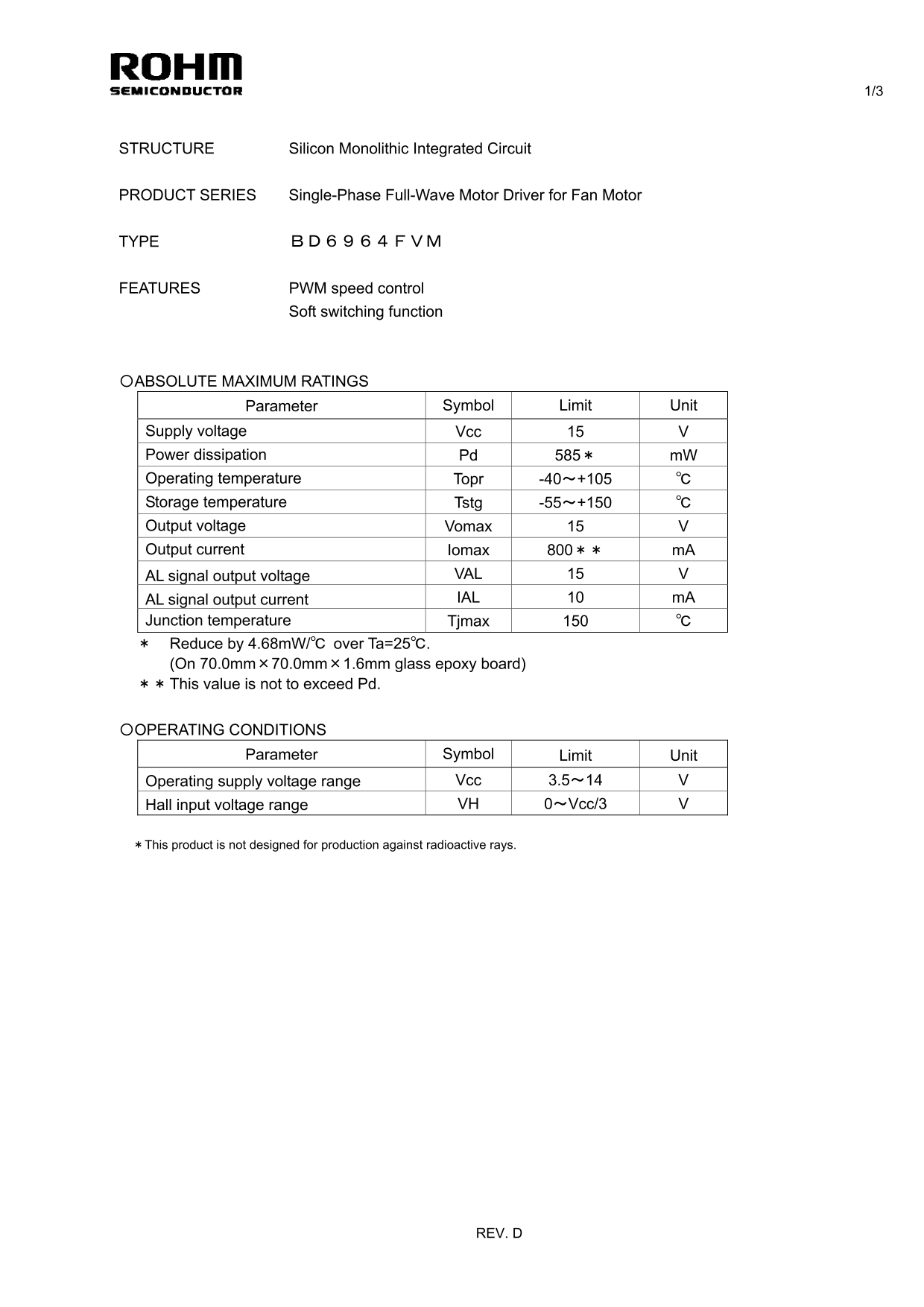 ROHM BD6964FVM Data Sheet - Page 1