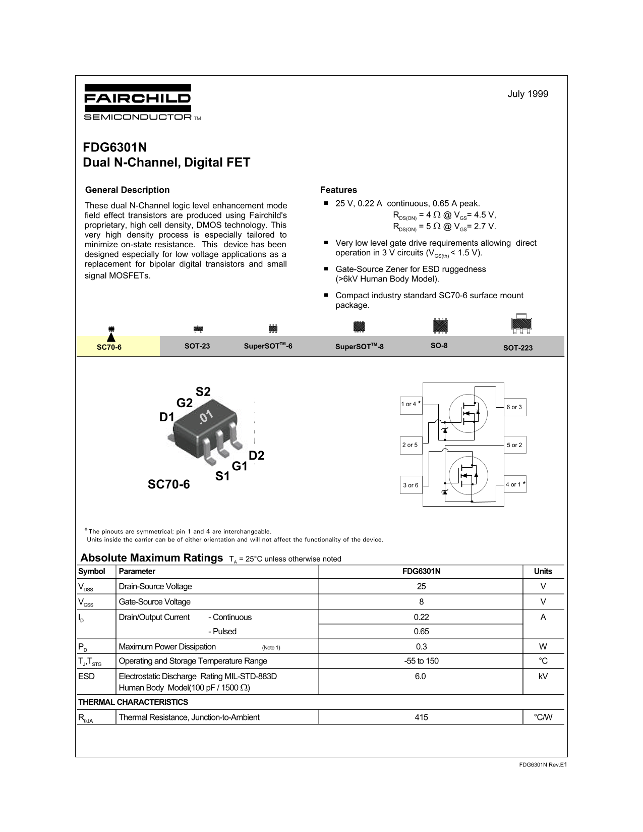Fairchild FDG6301N Dual N-Channel, Digital FET Data Handbook - Page 1