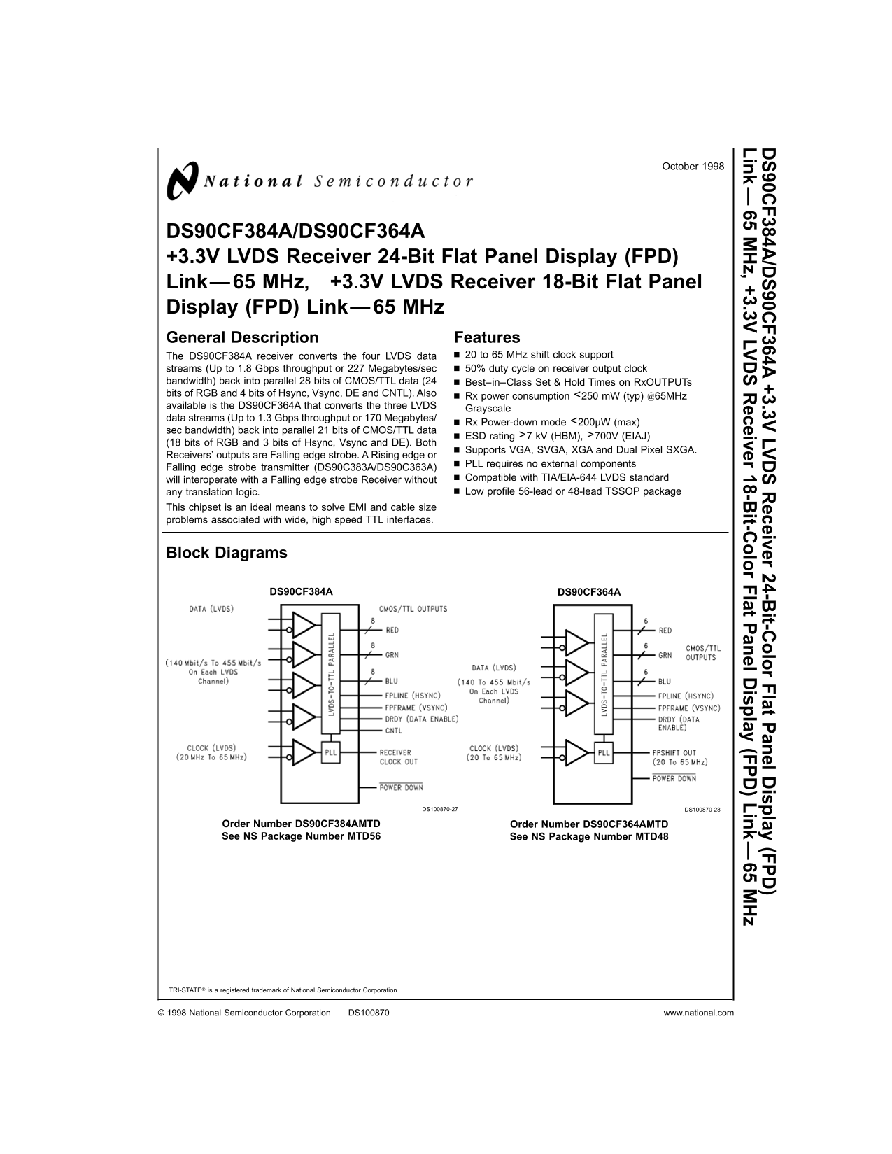 National Semiconductor DS90CF384A DS90CF364A Data Sheet - Page 1