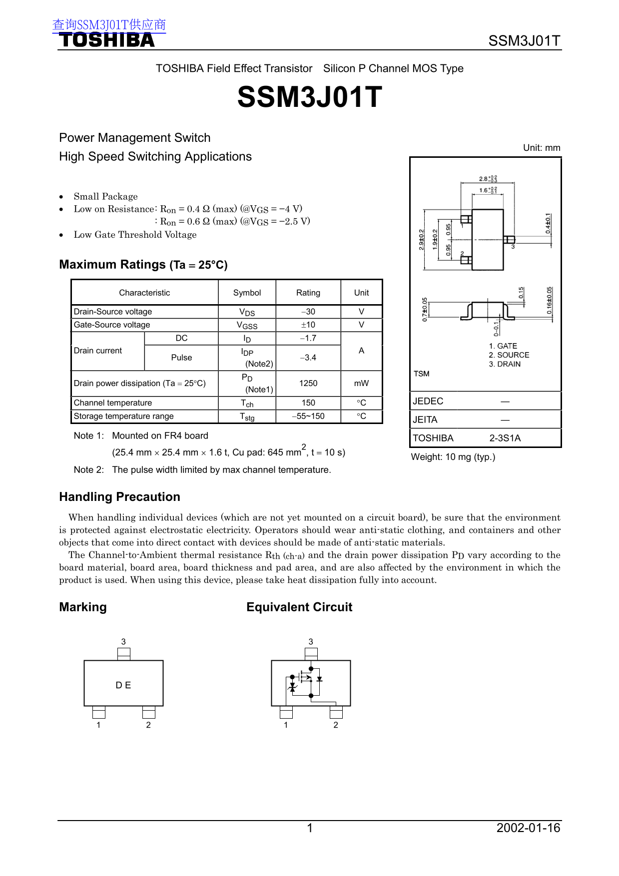 Toshiba SSM3J01T Data Sheet - Page 1