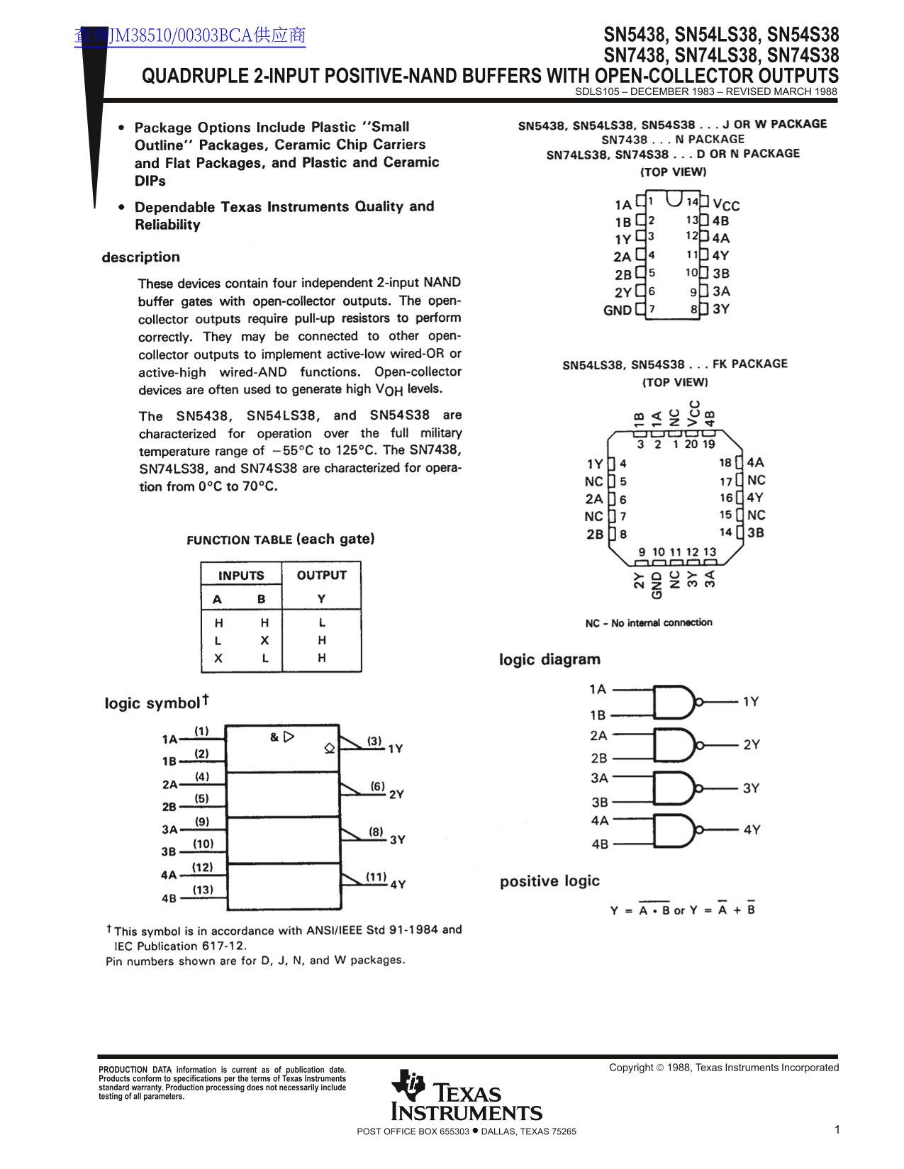 TEXAS INSTRUMENTS SN5438, SN54LS38, SN54S38 SN7438, SN74LS38, SN74S38 QUADRUPLE 2-INPUT POSITIVE-NAND BUFFERS WITH OPEN-COLLECTOR OUTPUTS - Page 1