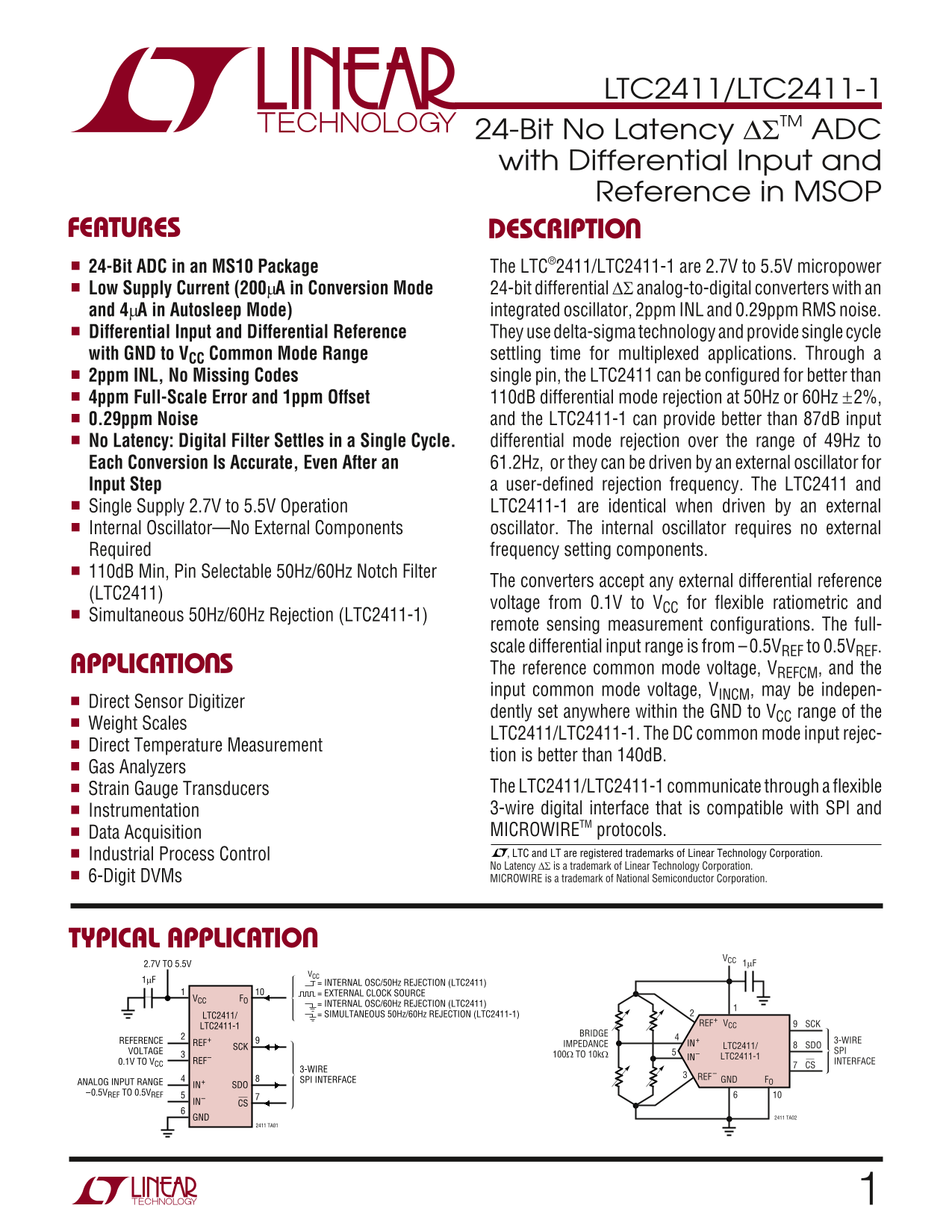 LINEAR TECHNOLOGY - LTC2411 Data Sheet Manual User Guide - Page 1