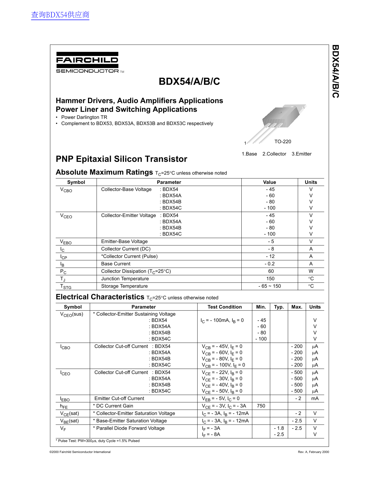 Fairchild BDX54A B C Data Handbook - Page 1