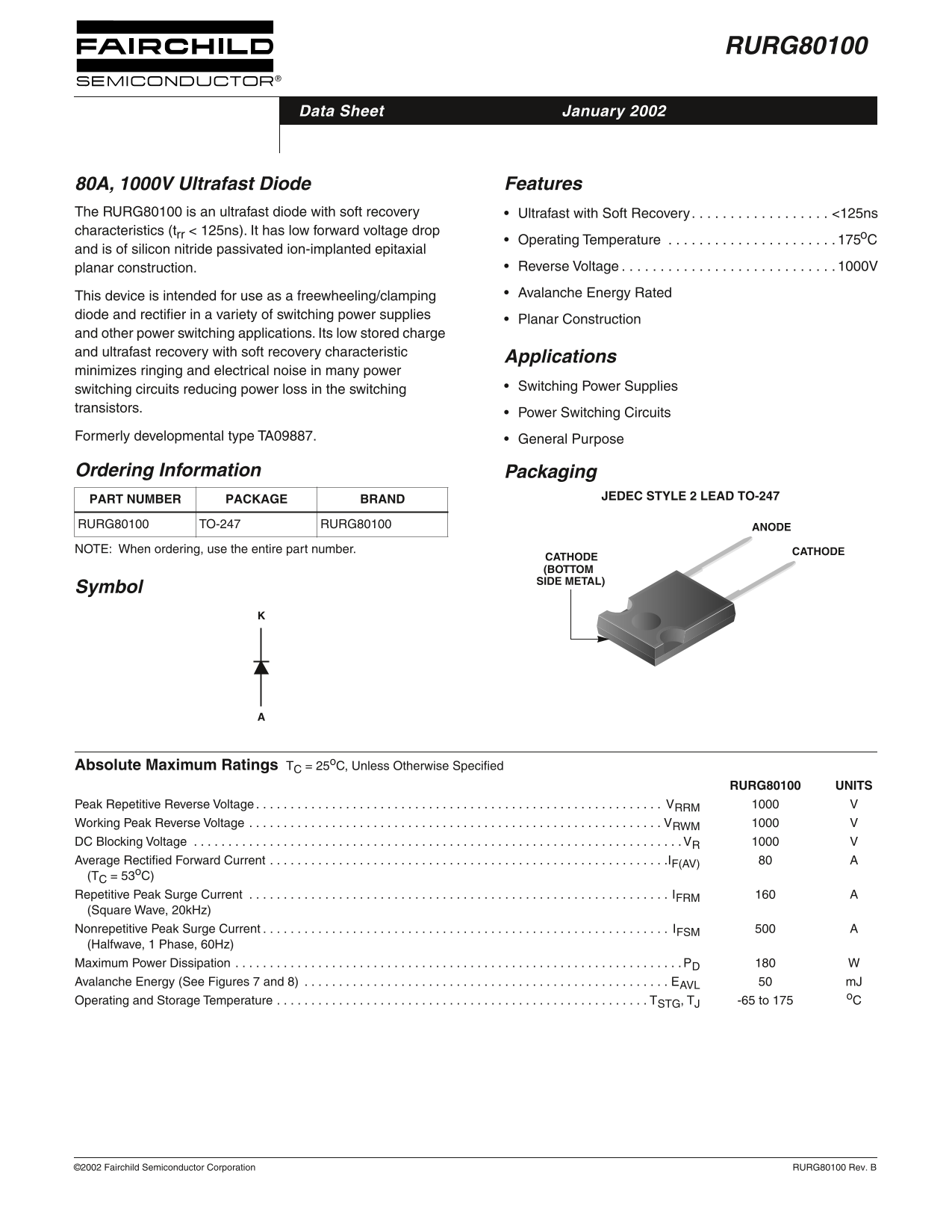 Fairchild RURG80100 80A, 1000V Ultrafast Diode Data Manual - Page 1