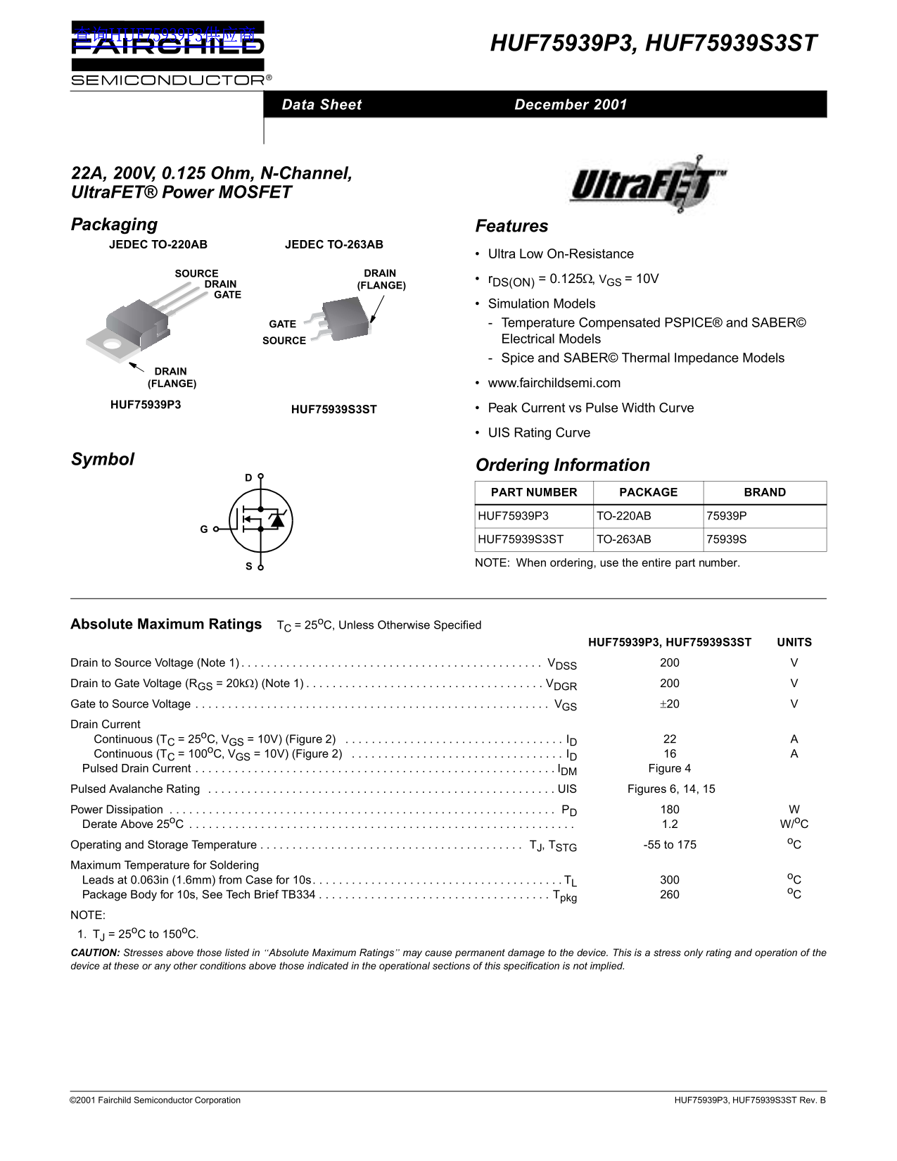 Fairchild HUF75939P3, P3ST Data Handbook - Page 1