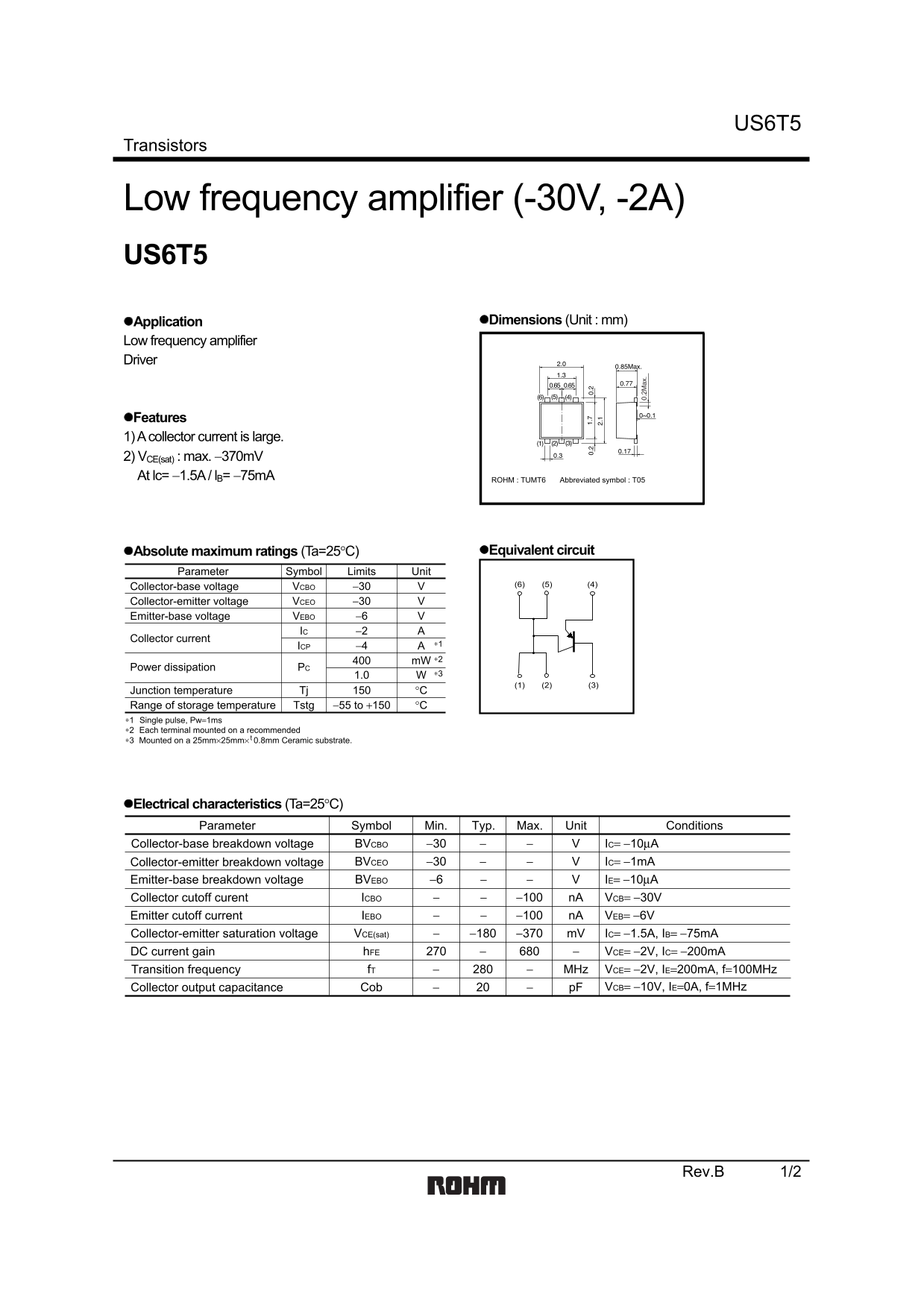 ROHM US6T5 Technical Specifications Data Sheet - Page 1