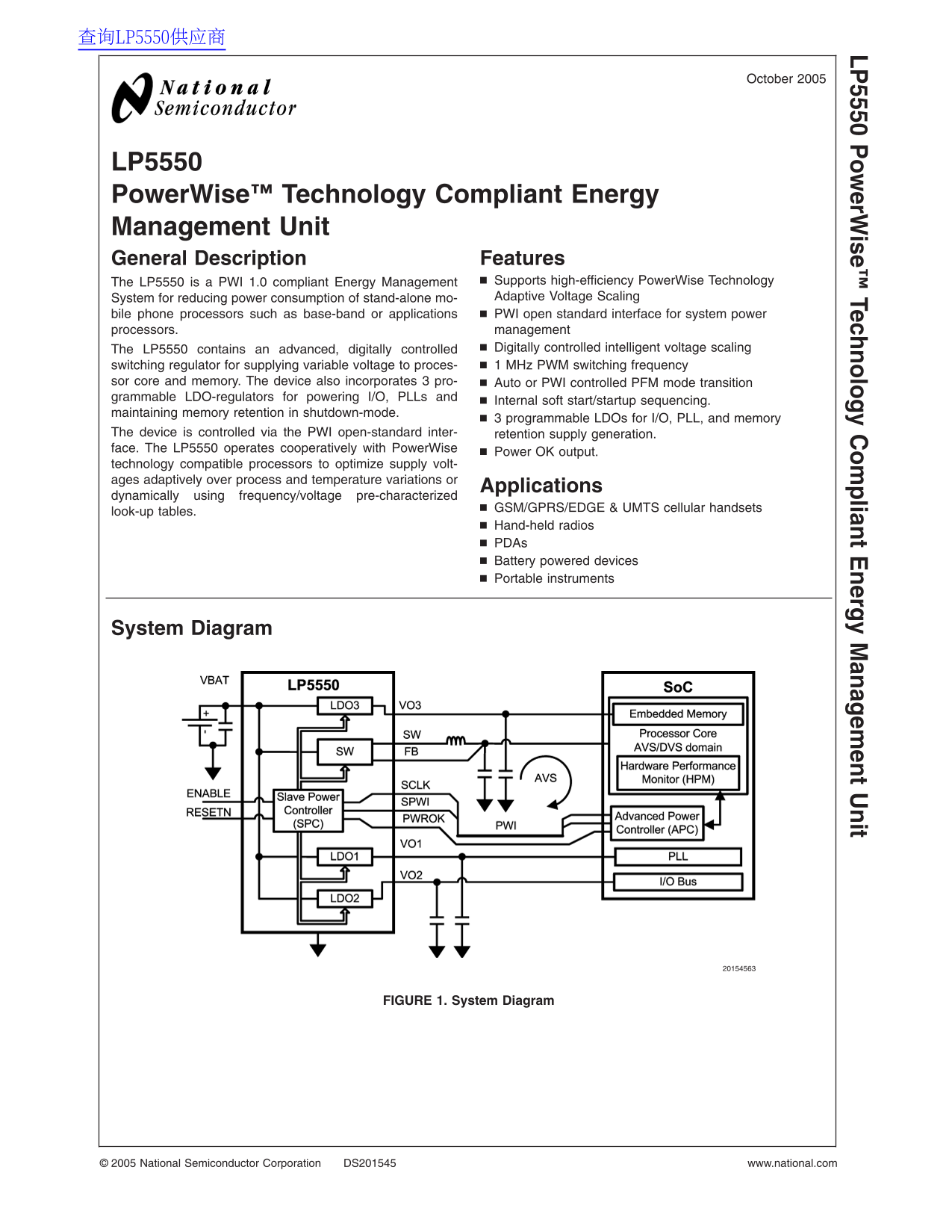 National Semiconductor LP5550 PowerWise Technology Compliant Energy Management Unit Data Sheet - Page 1