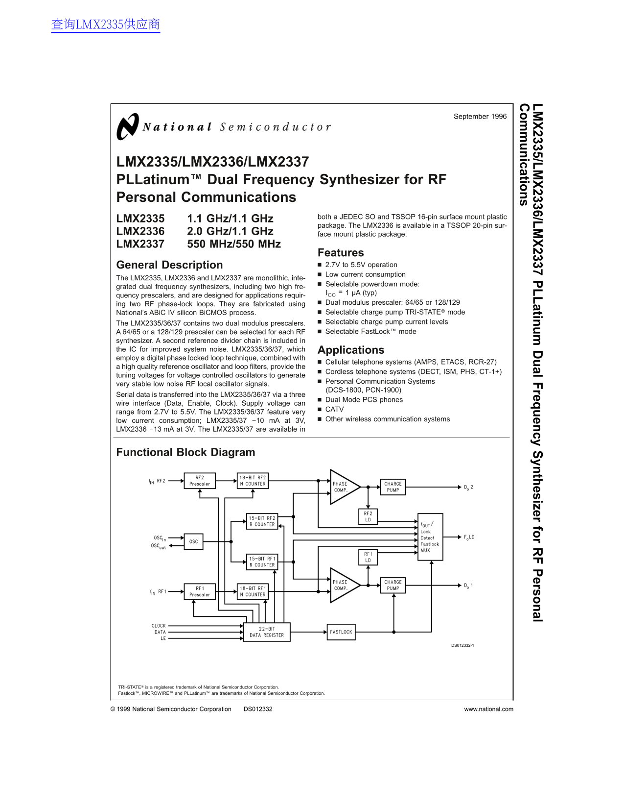 National Semiconductor LMX2335, LMX2336, LMX2337 PLLatinum Dual Frequency Synthesizer for RF Personal Communications Data Manual - Page 1