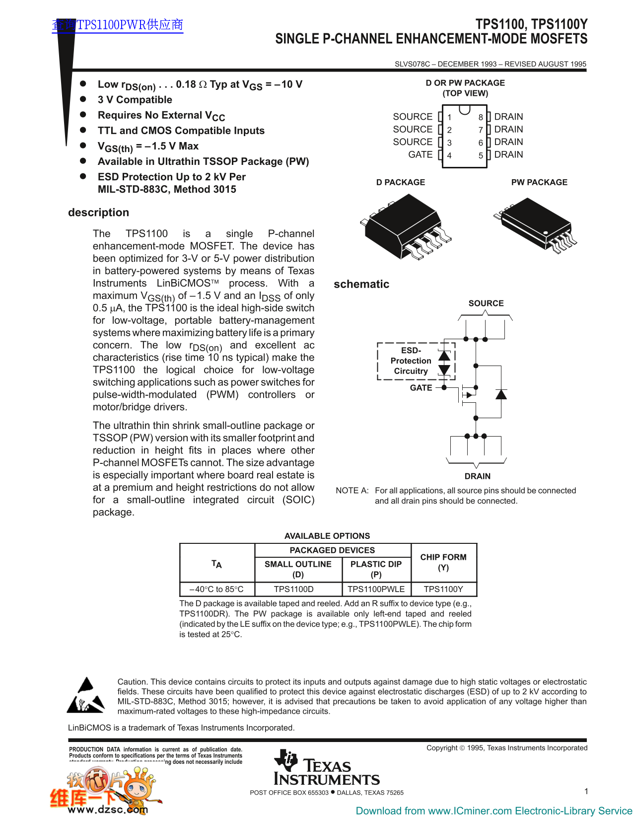Texas Instruments TPS1100, TPS1100Y Data Sheet - Page 1