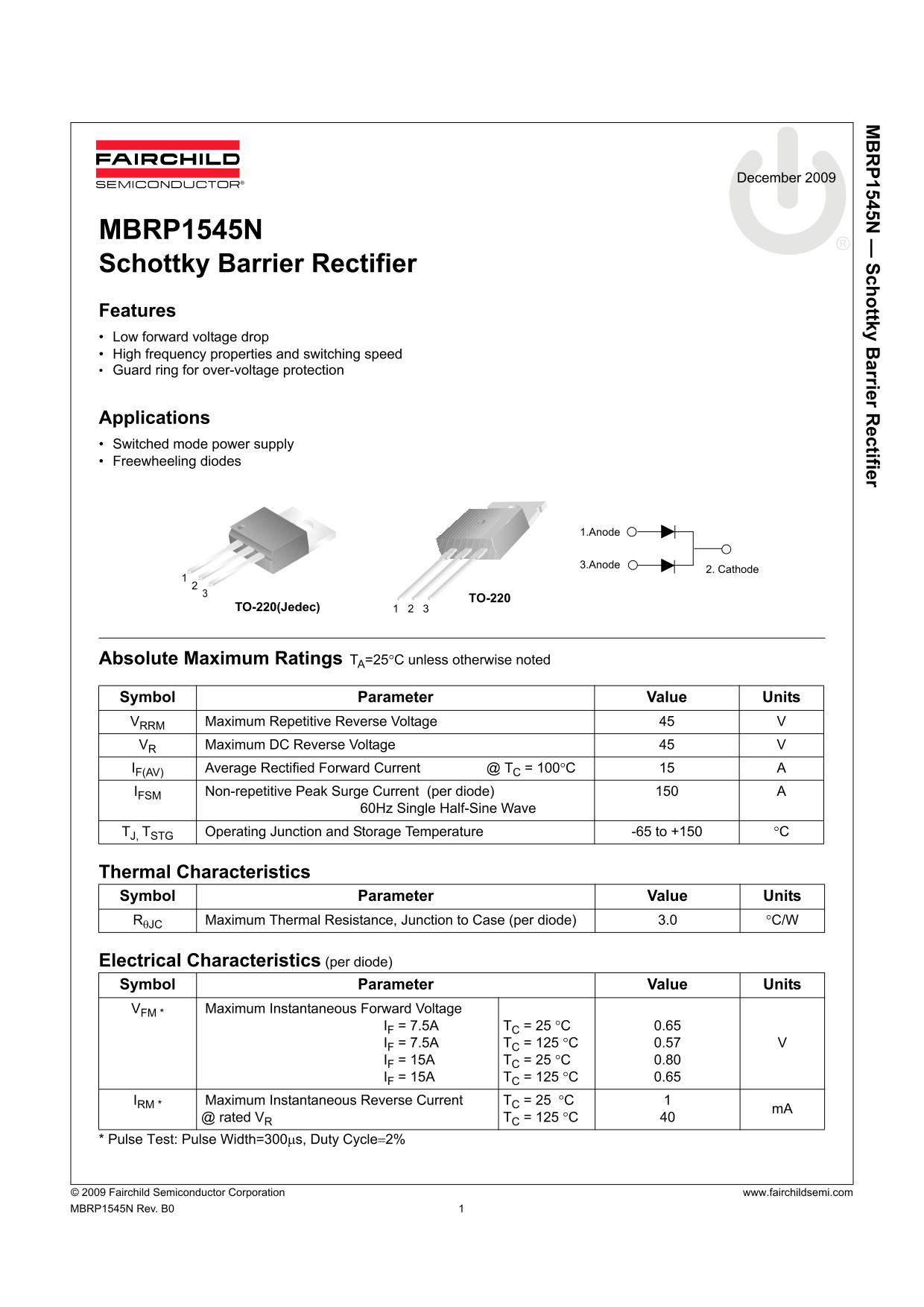 Fairchild MBRP1545N Data Handbook - SCHOTTKY BARRIER RECTIFIER Manual - Page 1
